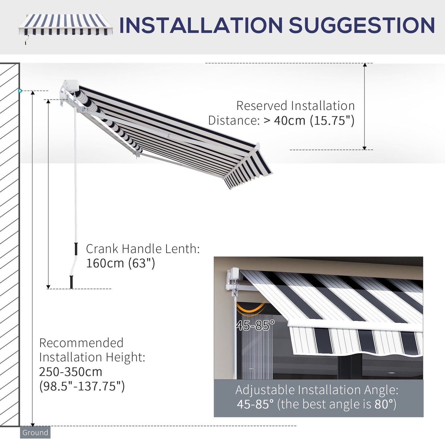 Manual Retractable Awning, 2.5x2 m-Dark Blue/White Stripes