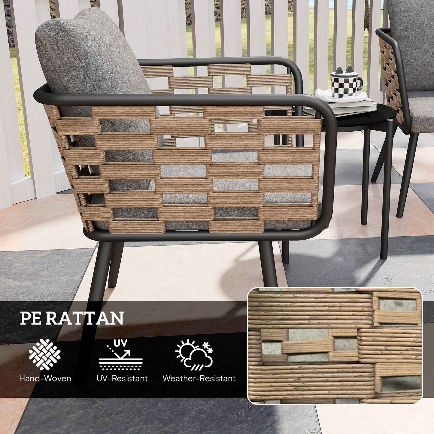 3 Pieces Rattan Bistro Set with Washable Seat and Back Cushions