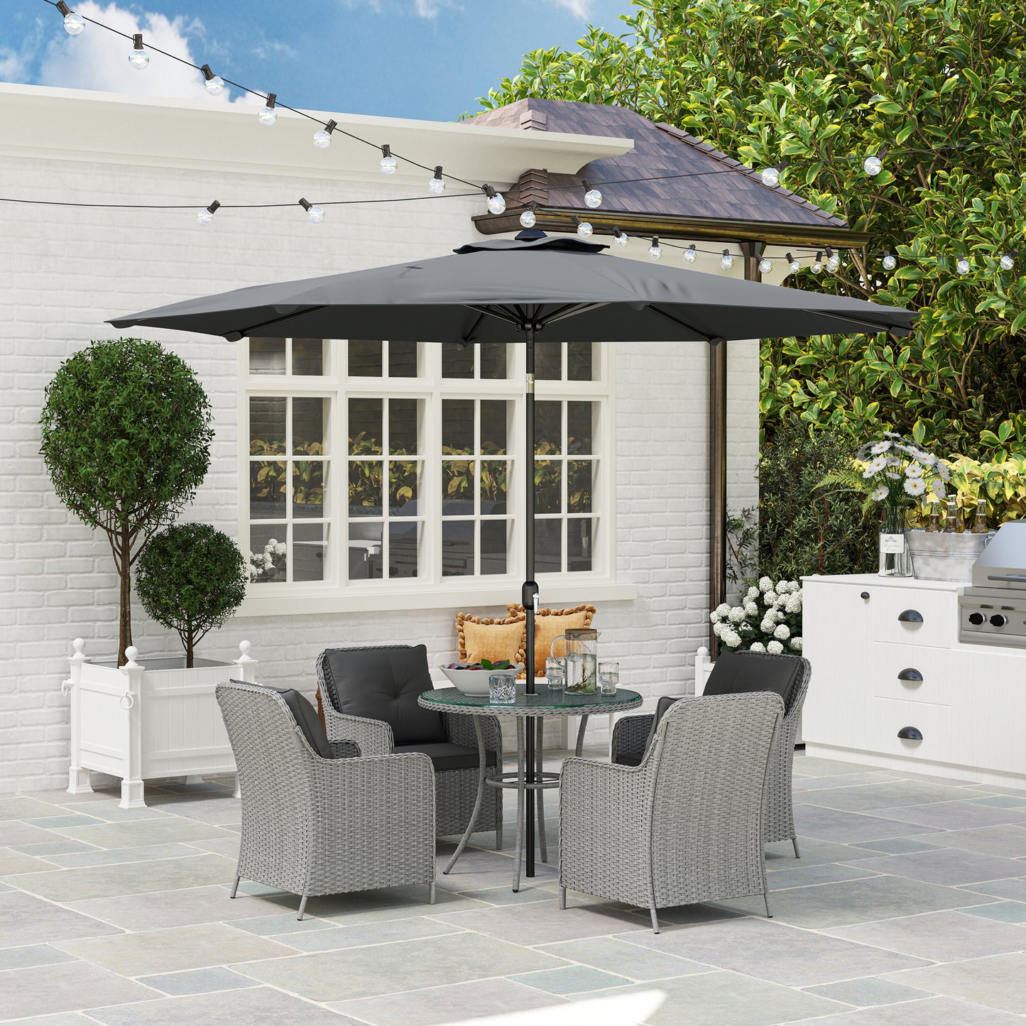 4 Seater Rattan Dining Set with Parasol & Cushions