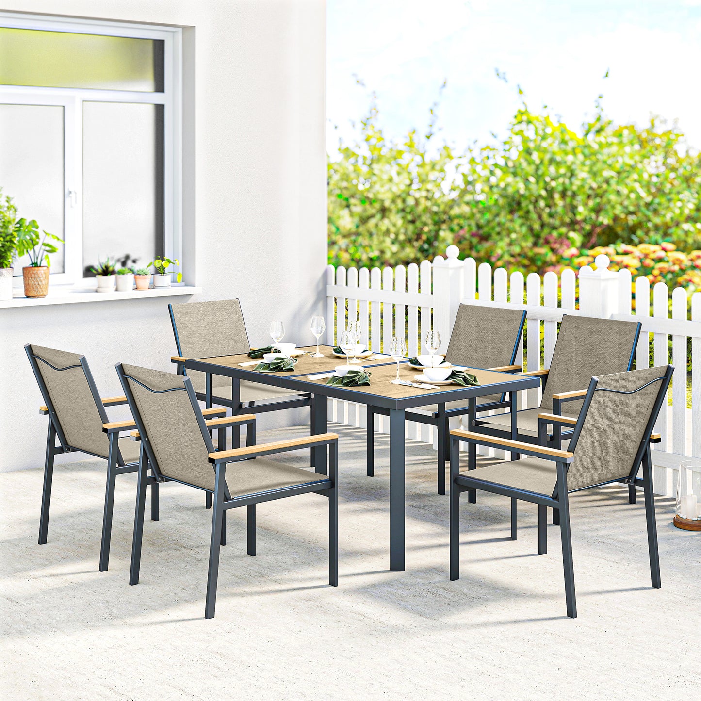 Seven-Piece Metal Garden Dining Set, with Glass-Top Table