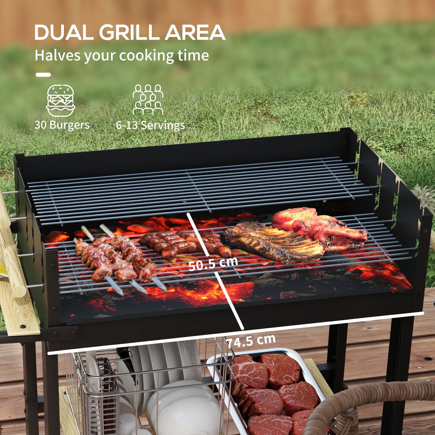 Charcoal BBQ Grill, Barbecue Trolley with Double Adjustable Grill