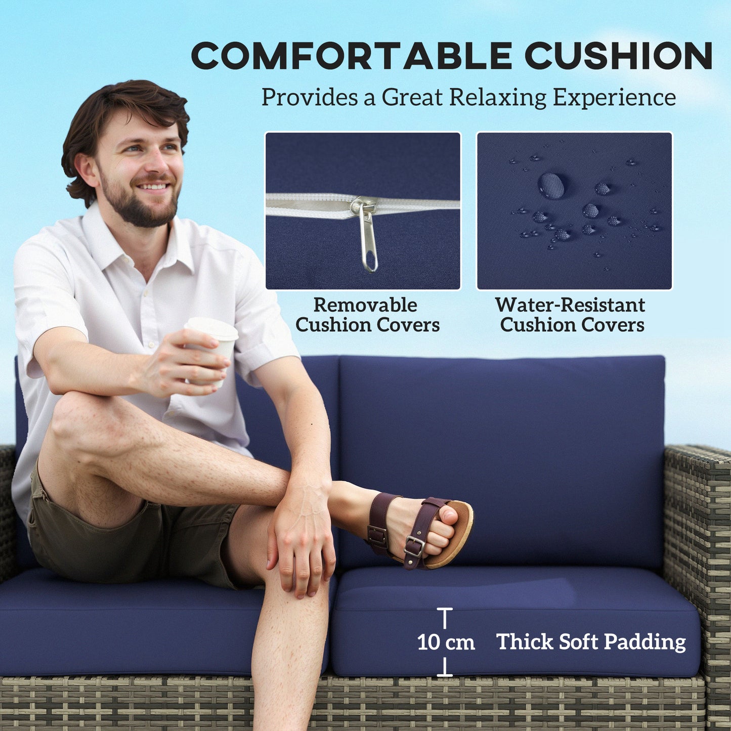 Rattan Sofa, 2 Seater Garden Furniture with Soft Padded Cushion