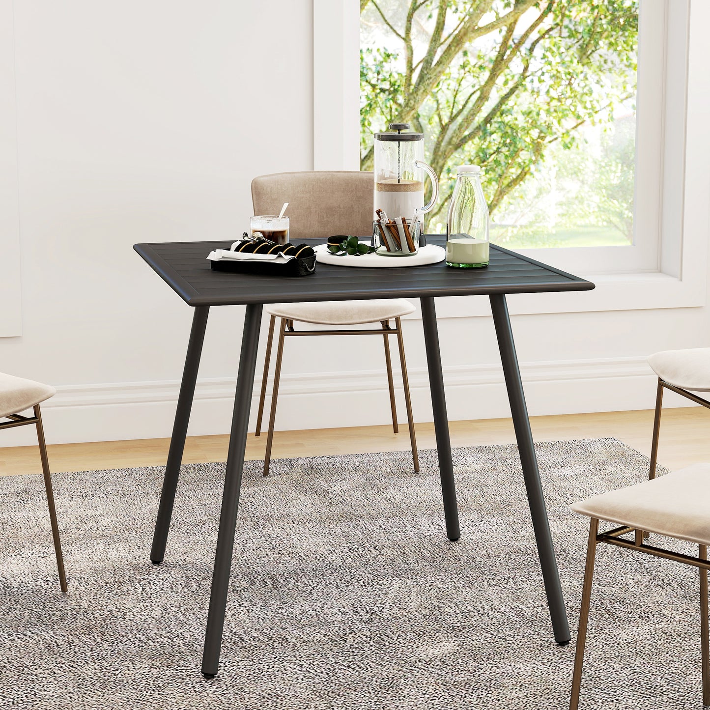 Square Garden Table with Slat Top, Steel Frame