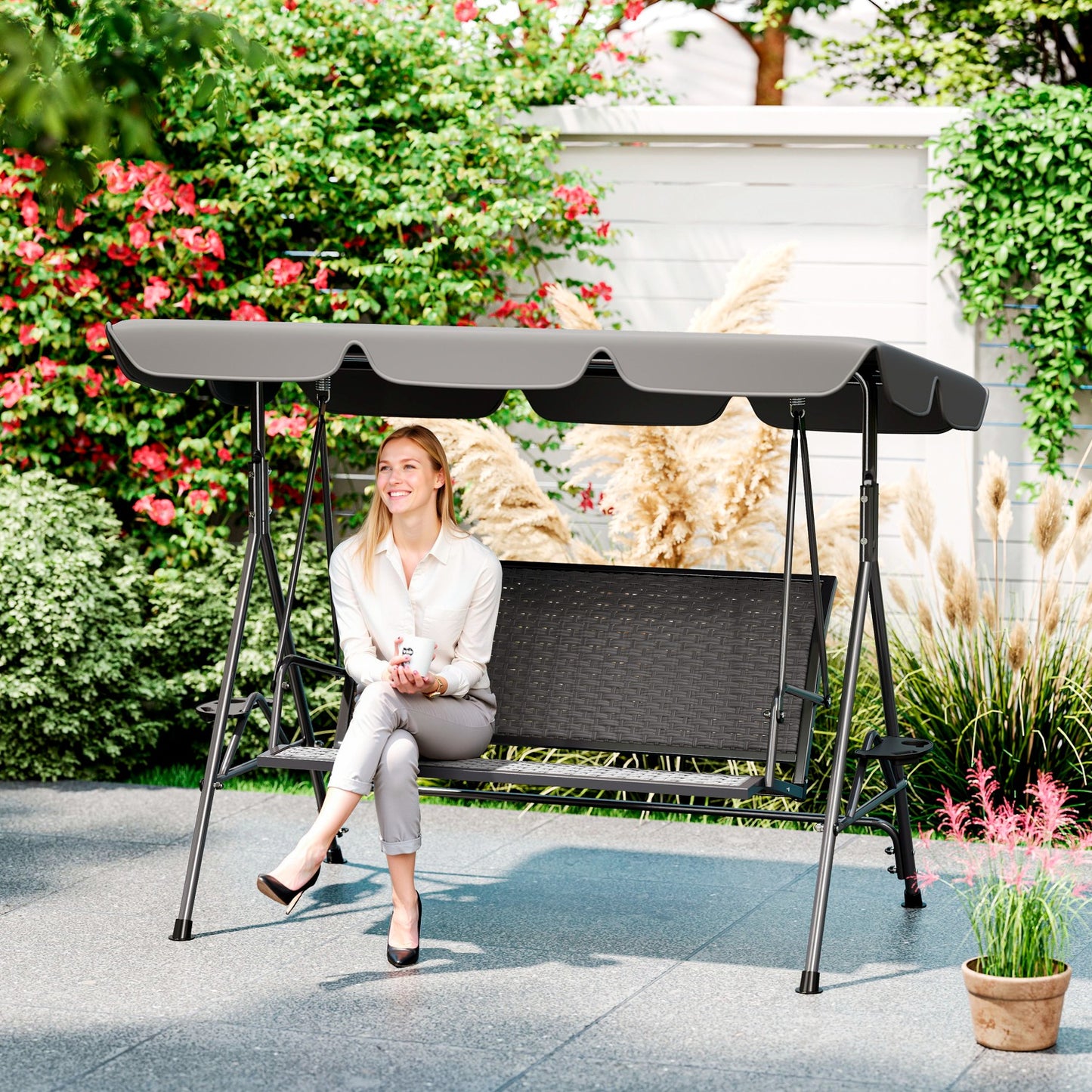 3 Seater Swing Chair, Garden Swing Seat Bench with Adjustable Canopy