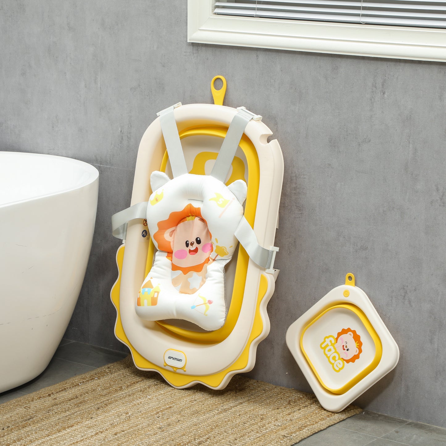Foldable Baby Bath Tub Set with Bath Cushion, Wash Basin