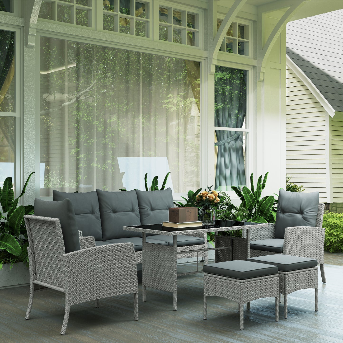 5 Seater Rattan Garden Furniture Set, 6 Piece Garden Sofa Set