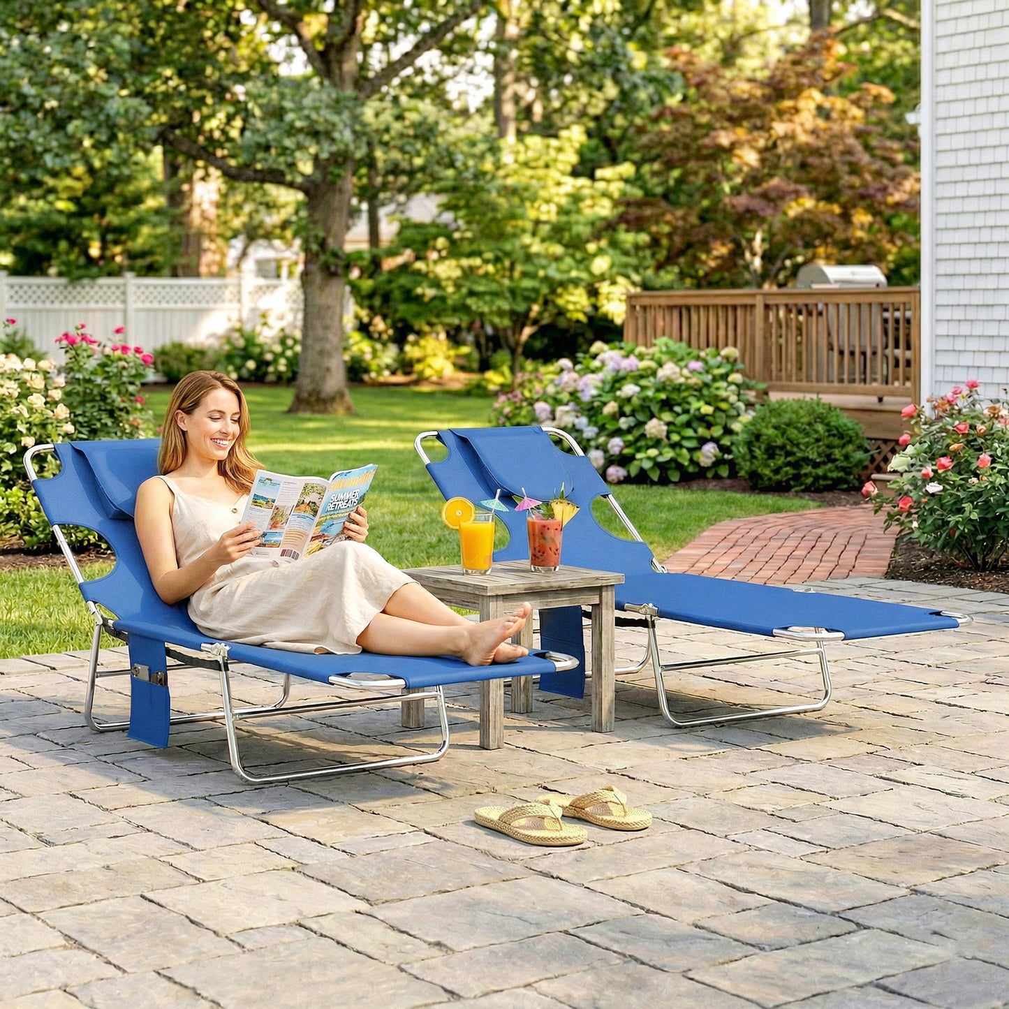 5-Position Adjustable Sun Loungers Set of 2 with Reading Hole