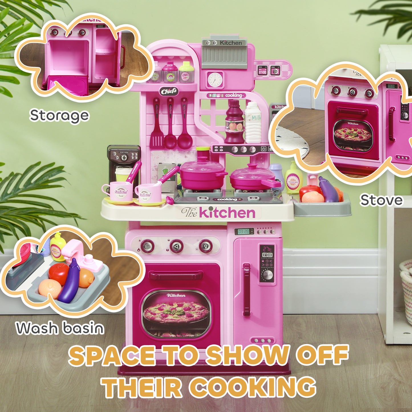 Kids Kitchen with 33 Pieces, Lights, Sounds, Storage