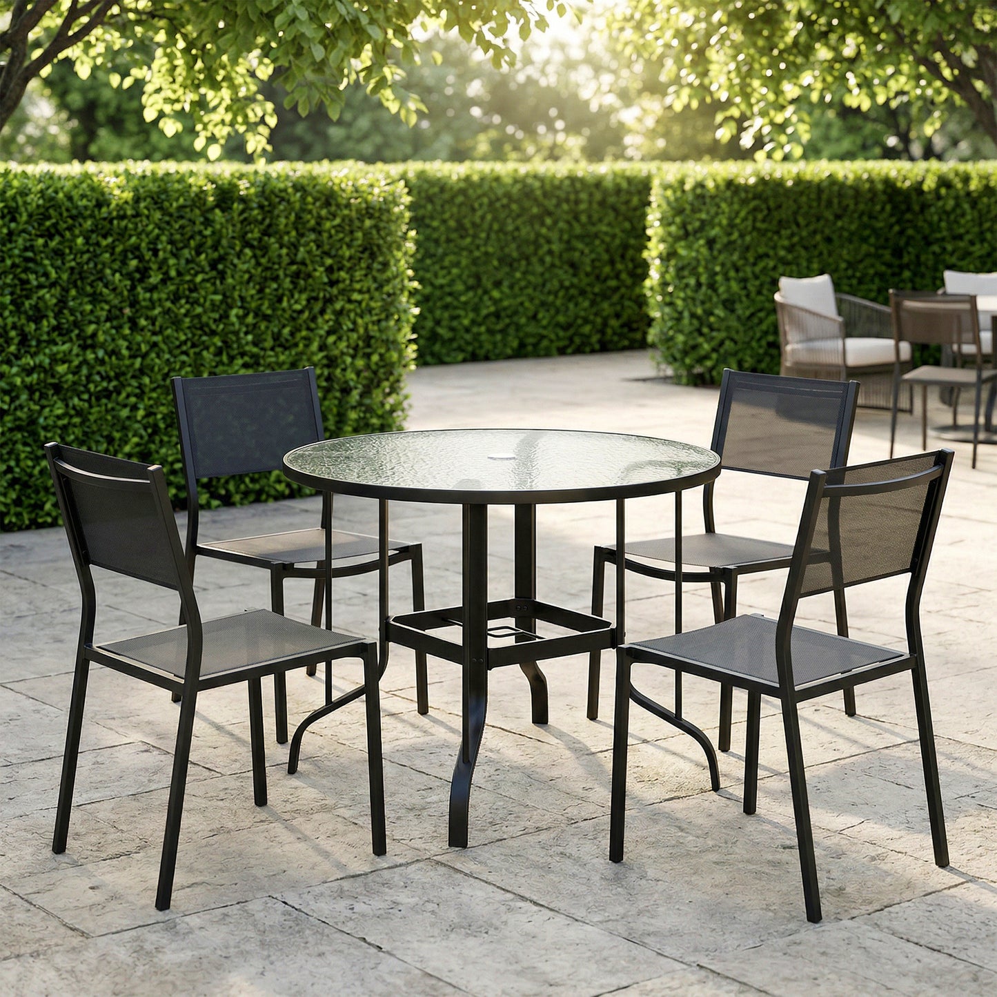 Tempered Glass Top Round Outdoor Dining Table with Parasol Hole
