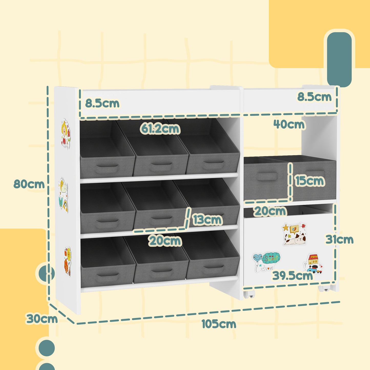 Kids Toy Storage Unit with 11 Bins, Cabinet, Top Shelves, 3 Stickers