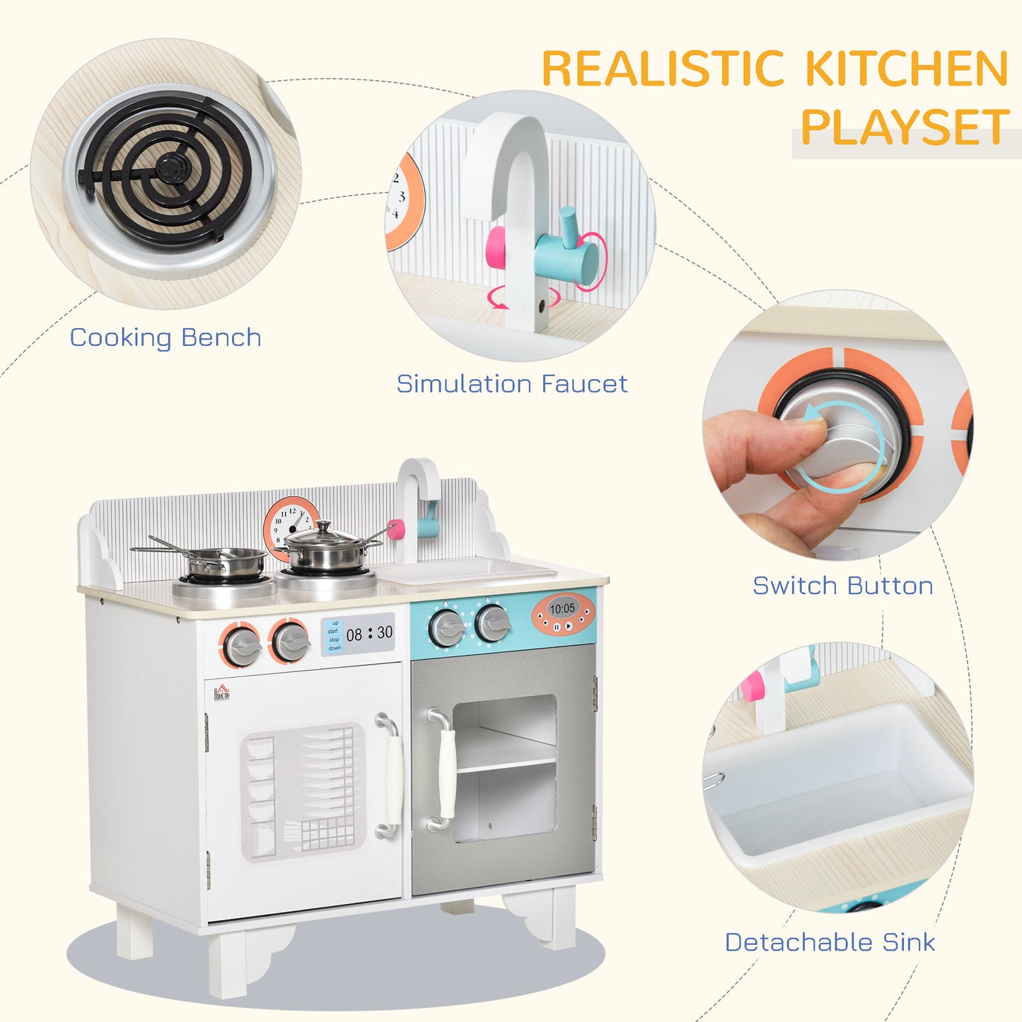 Kids Wooden Play Kitchen Toy Cooking Set Pretend Role Playset, with