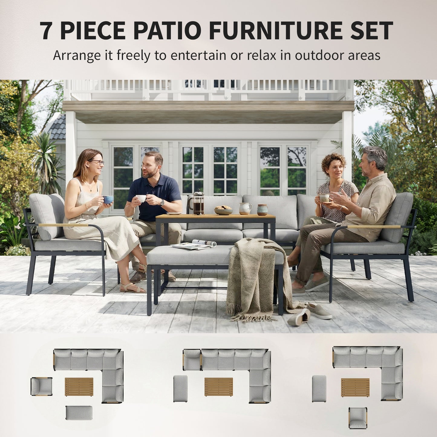 7 Seater Garden Furniture Set, Metal Garden Sofa Set with Cushions