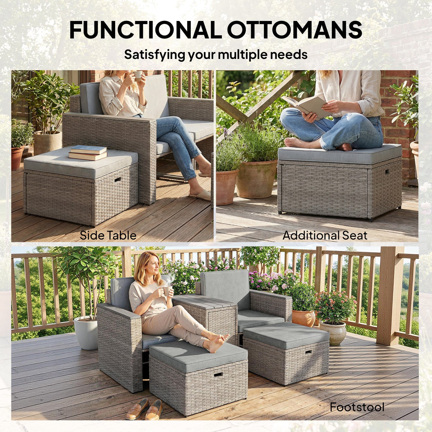 5 Piece Rattan Garden Furniture Set with Storage Table, Footstools