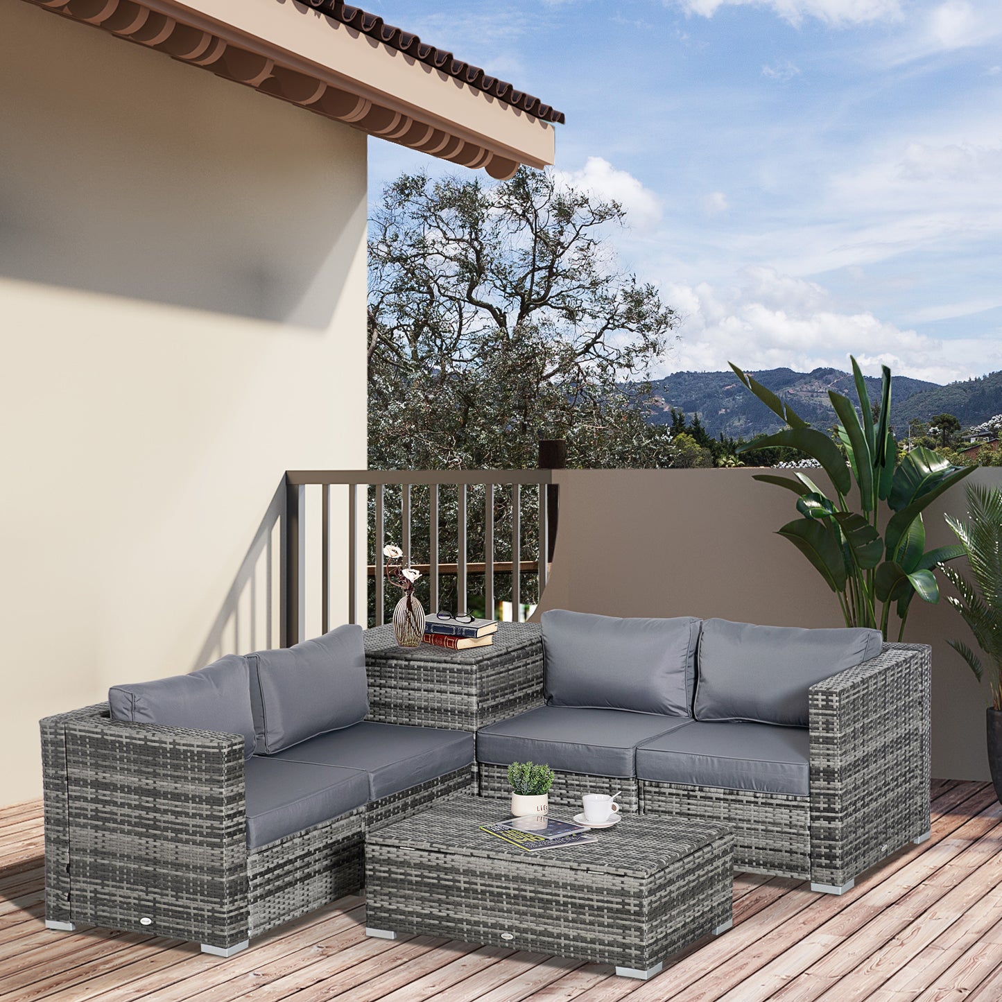 6PC Rattan Corner Sofa Set Wicker 4 Seater Garden Storage Coffee