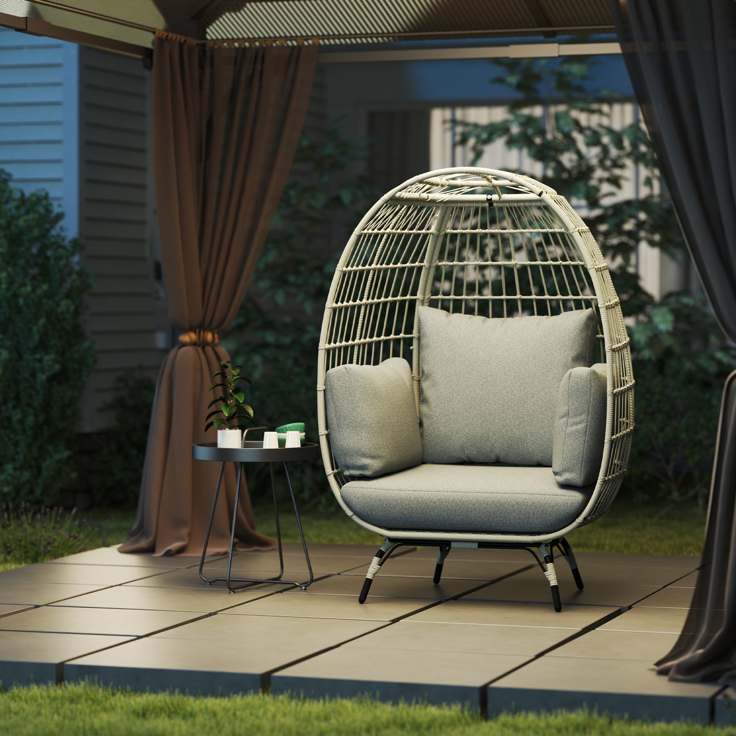 Rattan Egg Chair with Cushions and Pillows