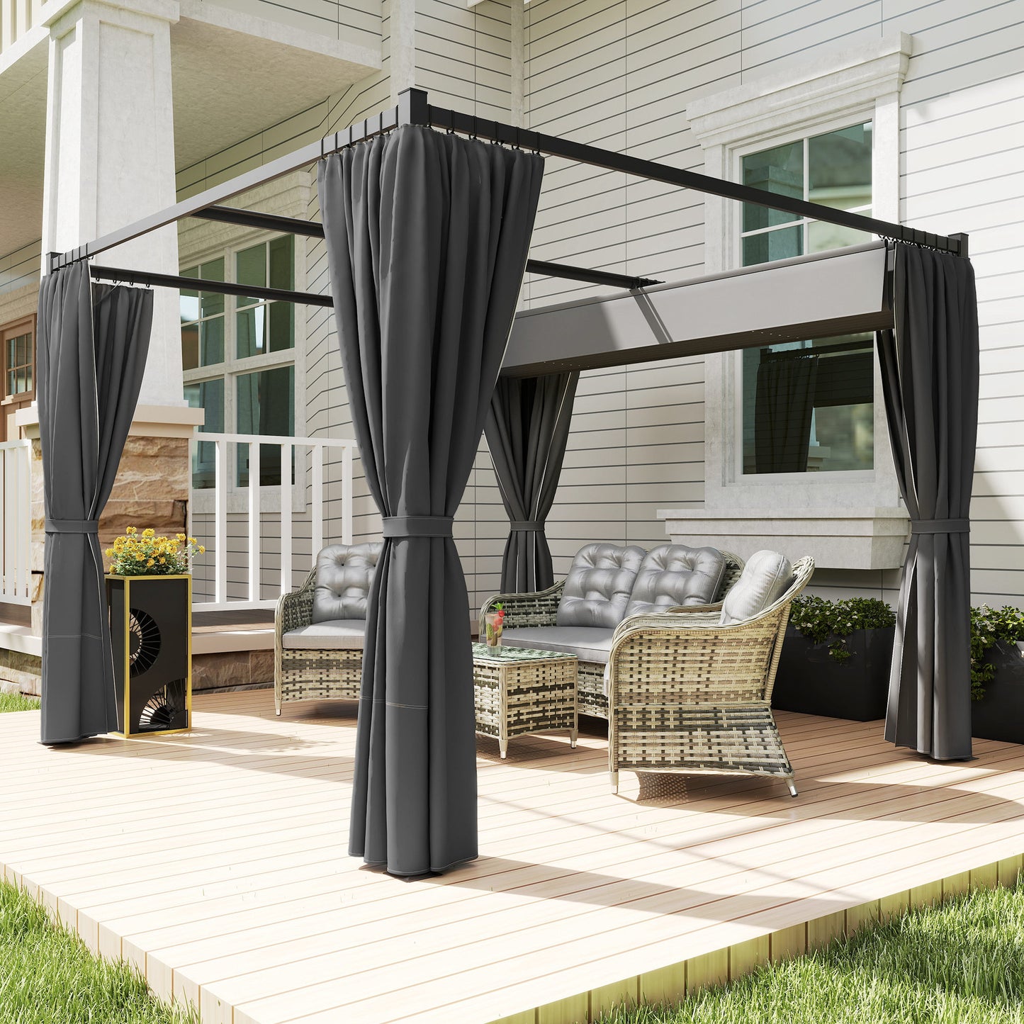 3 x 3(m) Retractable Pergola, Garden Gazebo Shelter with Curtains