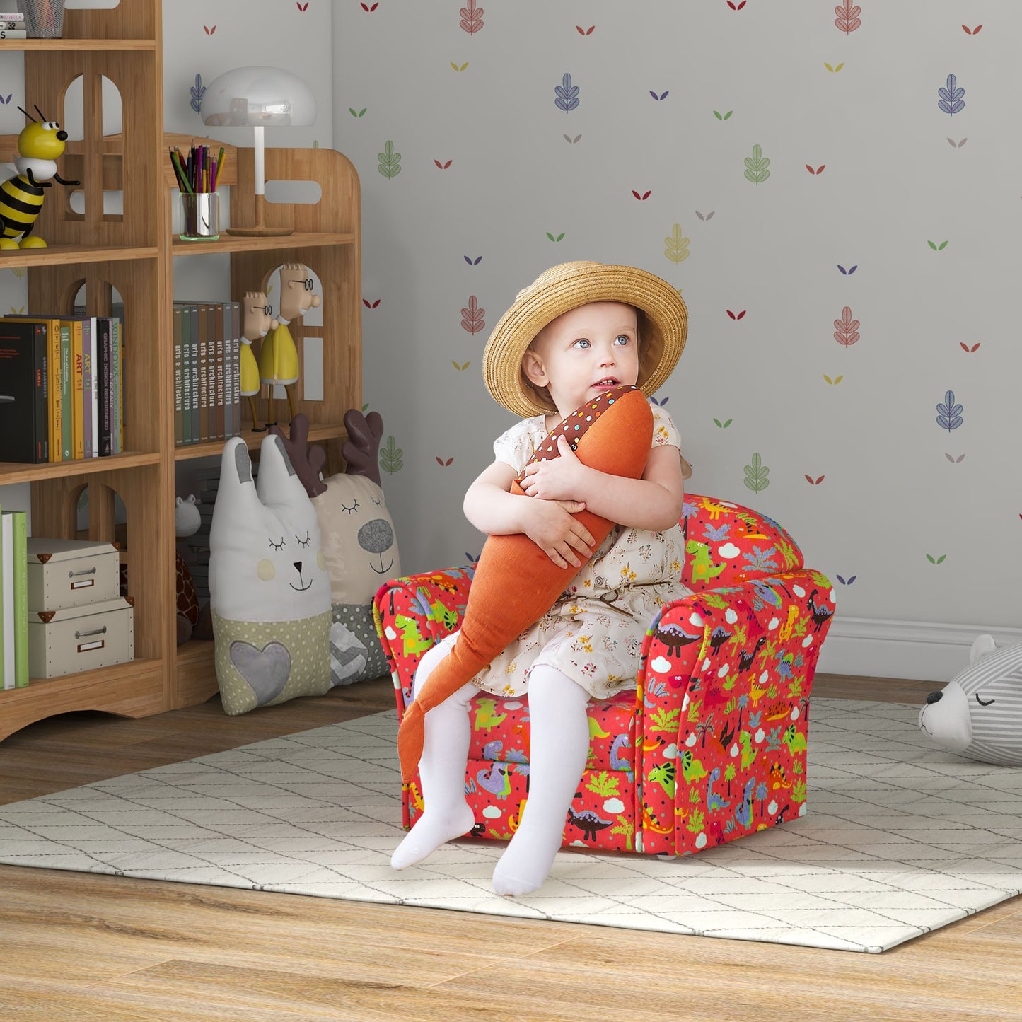 Kids Armchair with Dinosaur Design, Wooden Frame, for Bedroom