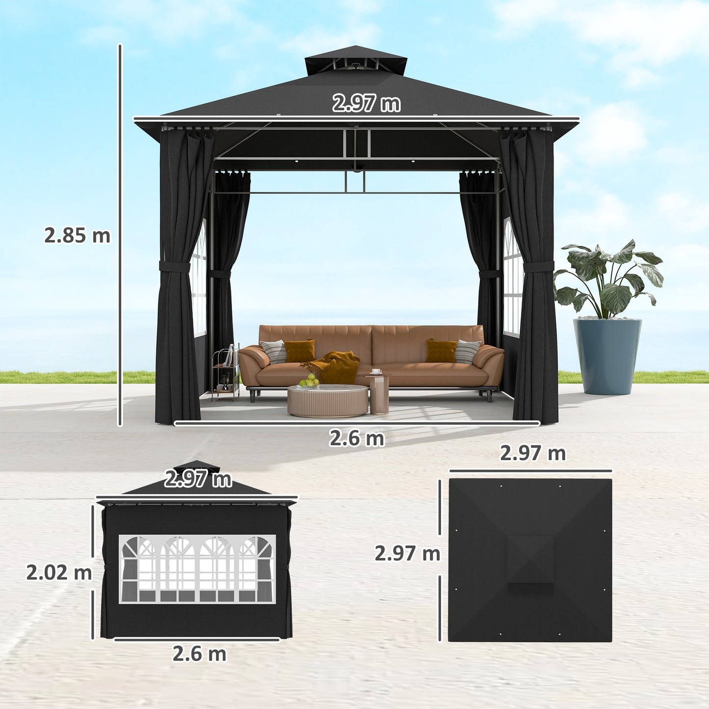 3 x 3 m Garden Gazebo, Double Roof Metal Gazebo