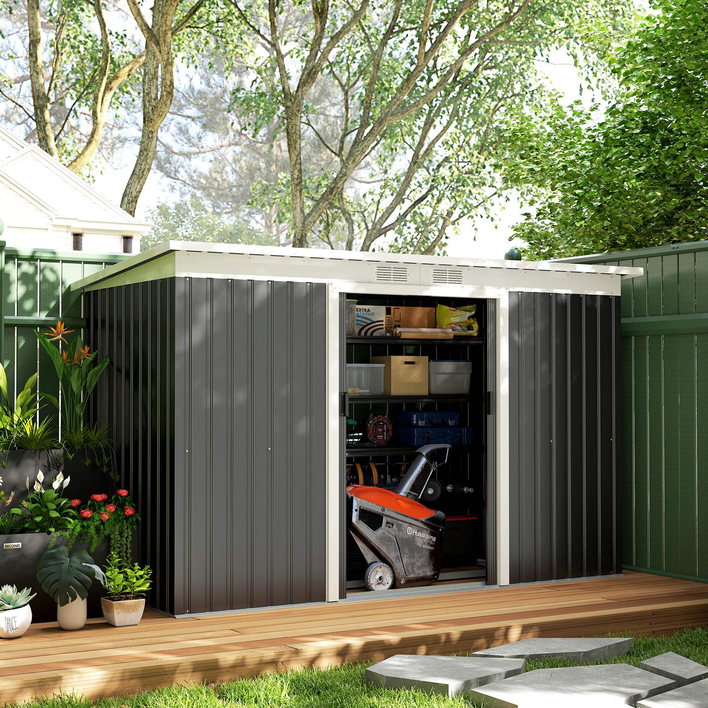 9ft x 4ft Metal Garden Shed, Outdoor Tool House with Foundation Kit