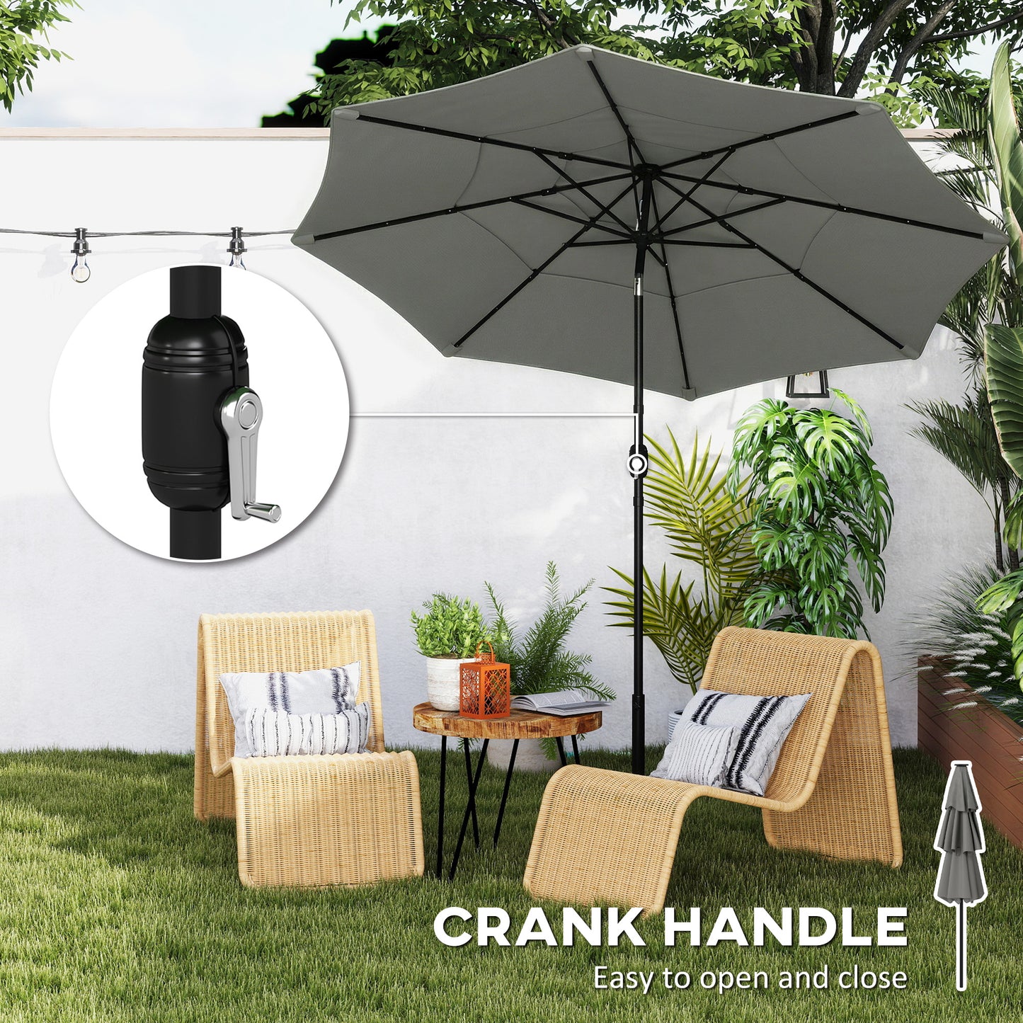 Garden Parasol, Parasol Umbrella with 3-tier Roof, Crank Handle