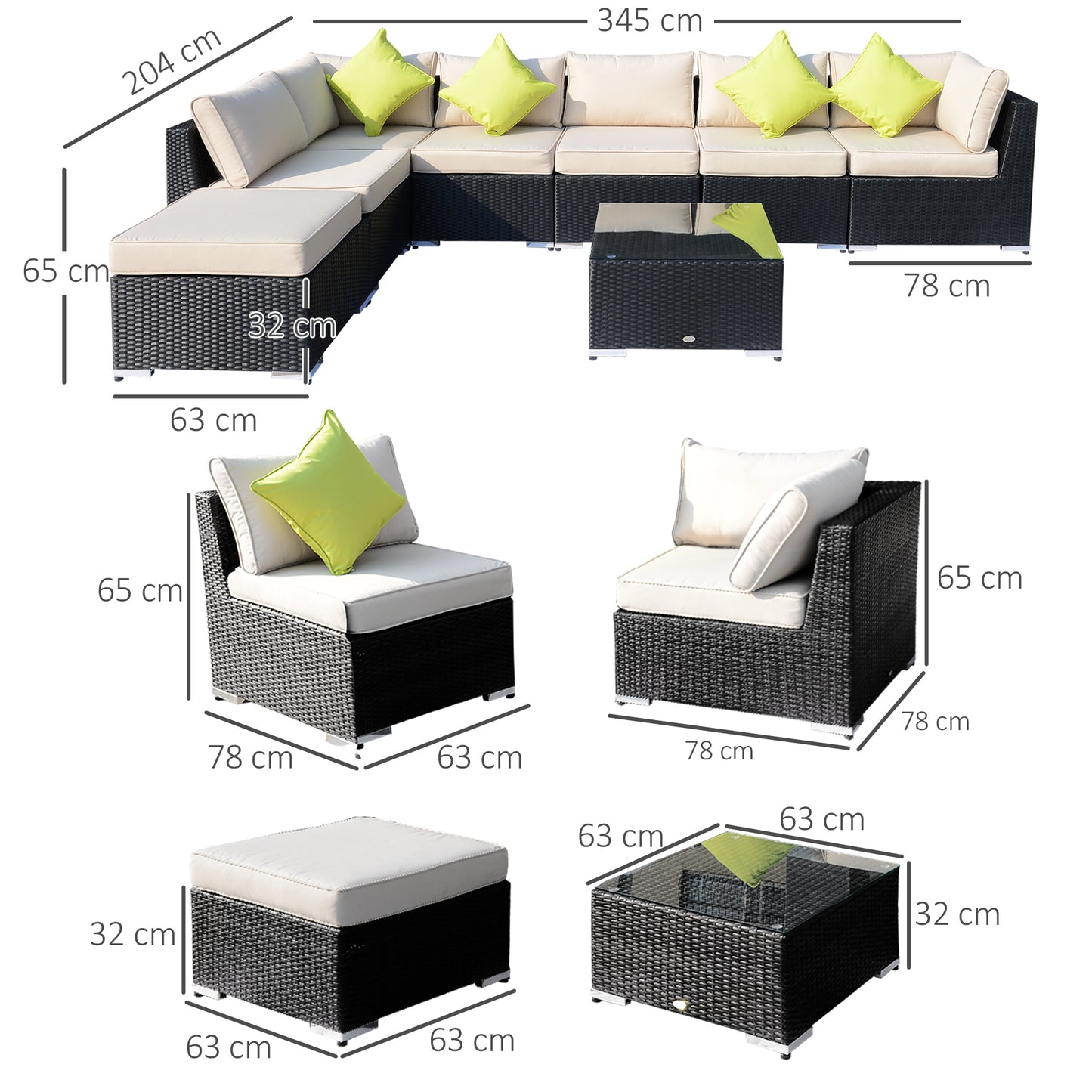 8 Piece Rattan Corner Sofa Set with Wide & Deep Seat