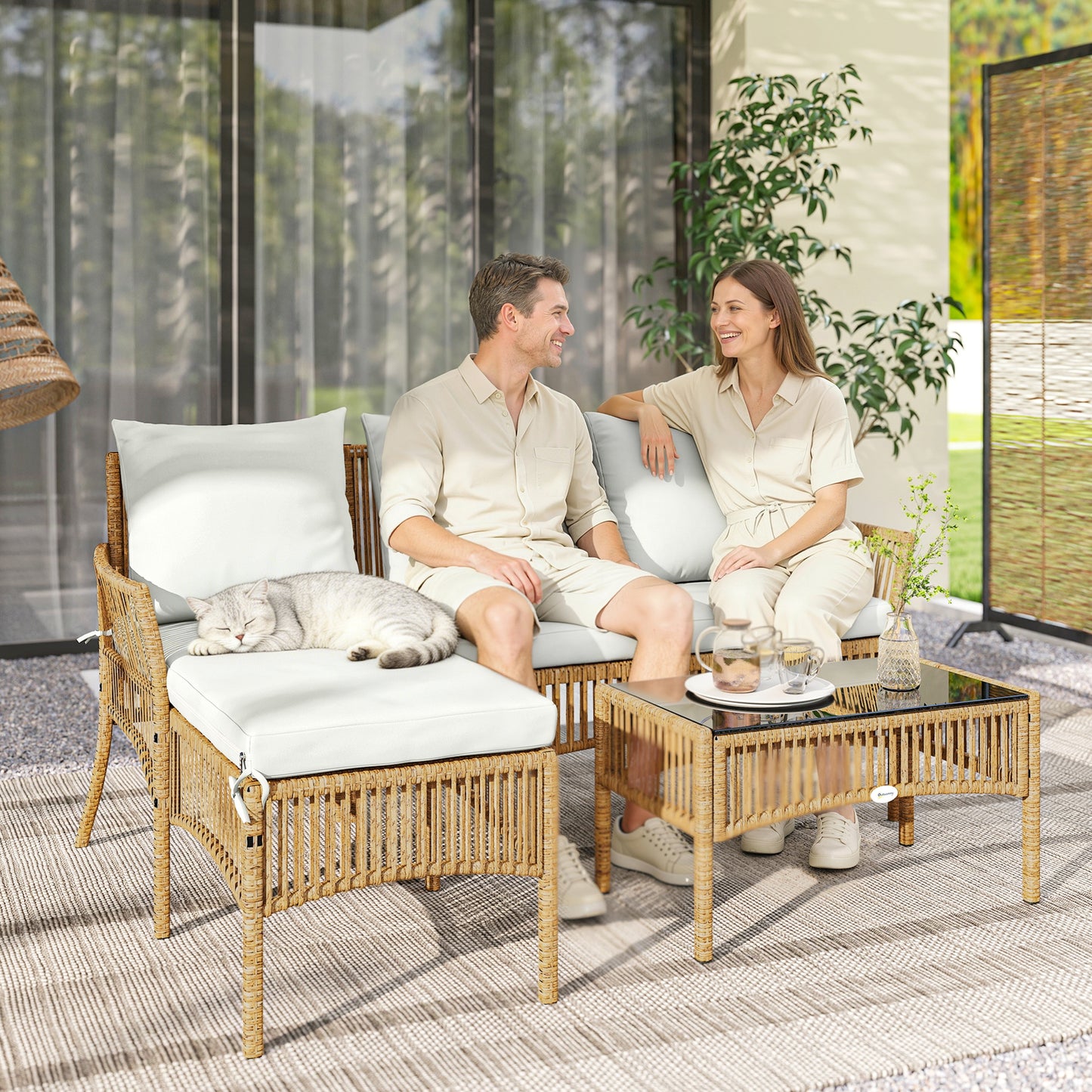 3 Piece Rattan Garden Furniture Corner Sofa Set with Chaise Lounge