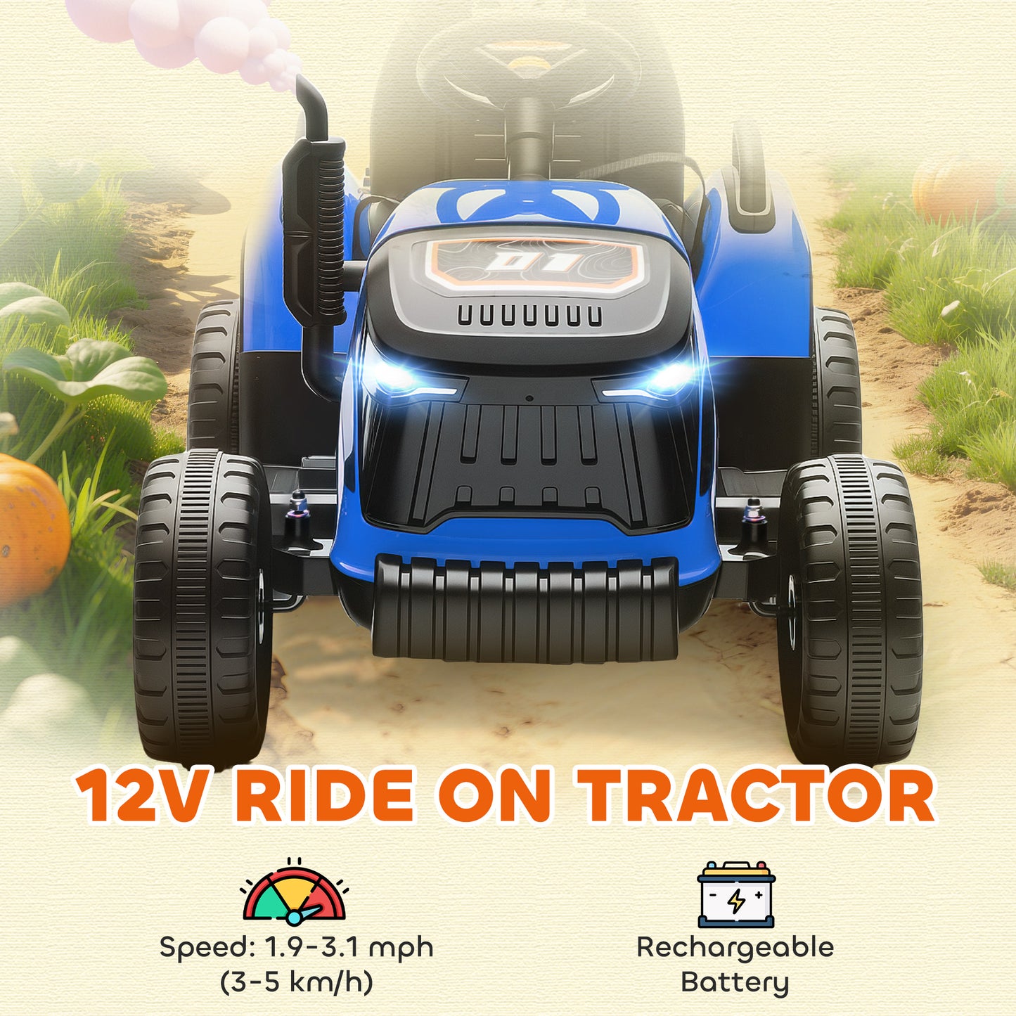 12V Ride on Tractor and Trailer with Remote Control, Music, Shifter