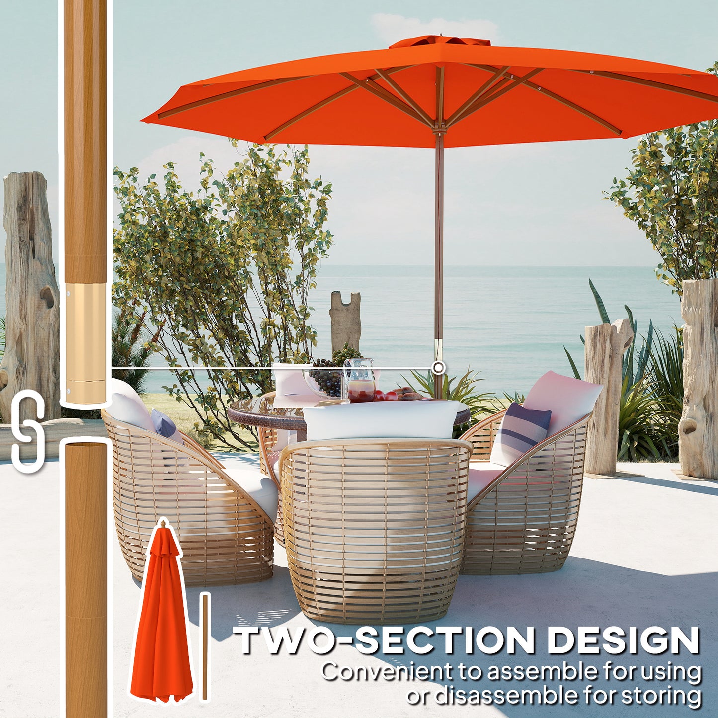 3m Wood Pole Parasol Umbrella
