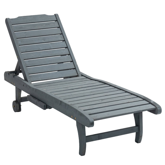 Garden Patio Sun Lounger, Outdoor Wooden Sun Bed with Built-In Table