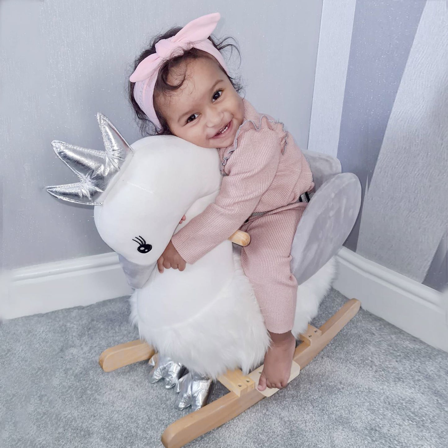 Kids Rocking Horse, Children Plush Ride On Swan Animal Rocker w/