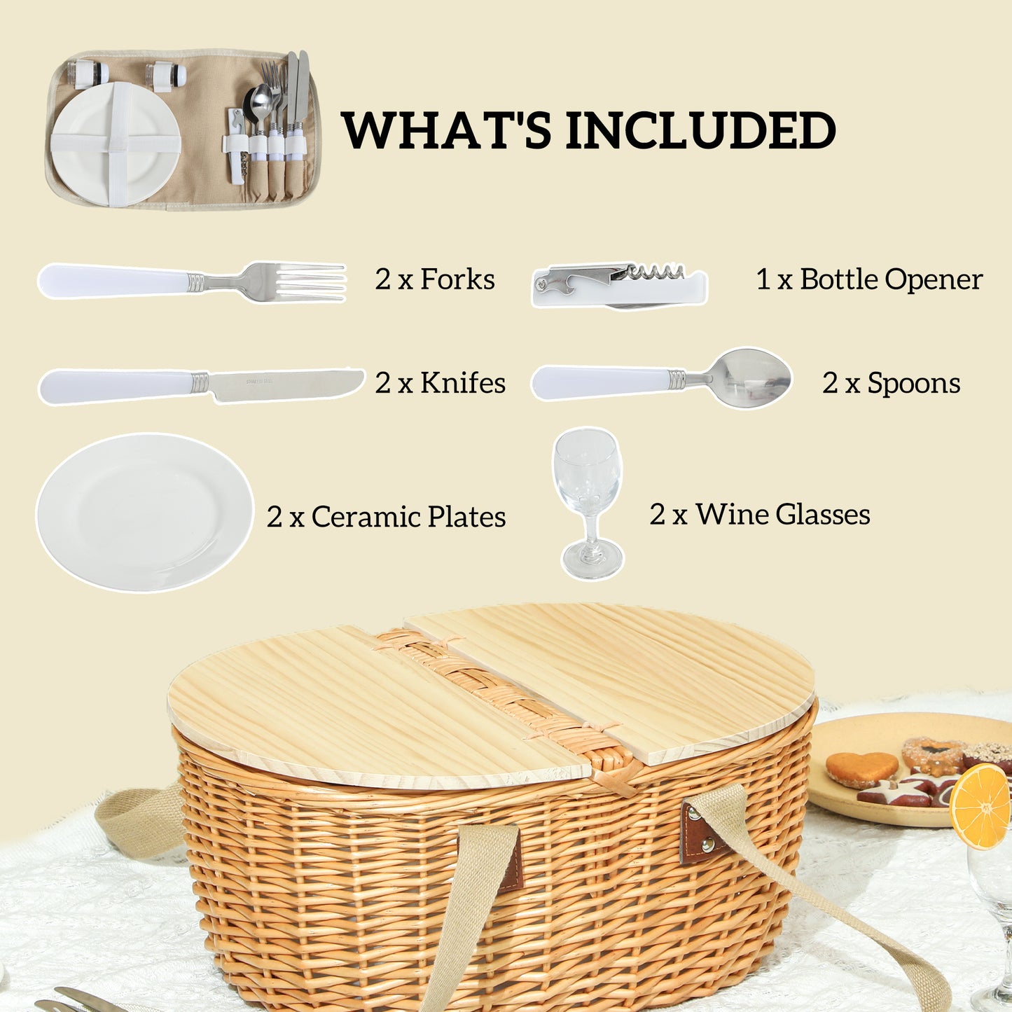 Wicker Picnic Basket for 2 with Pine Wood Lid