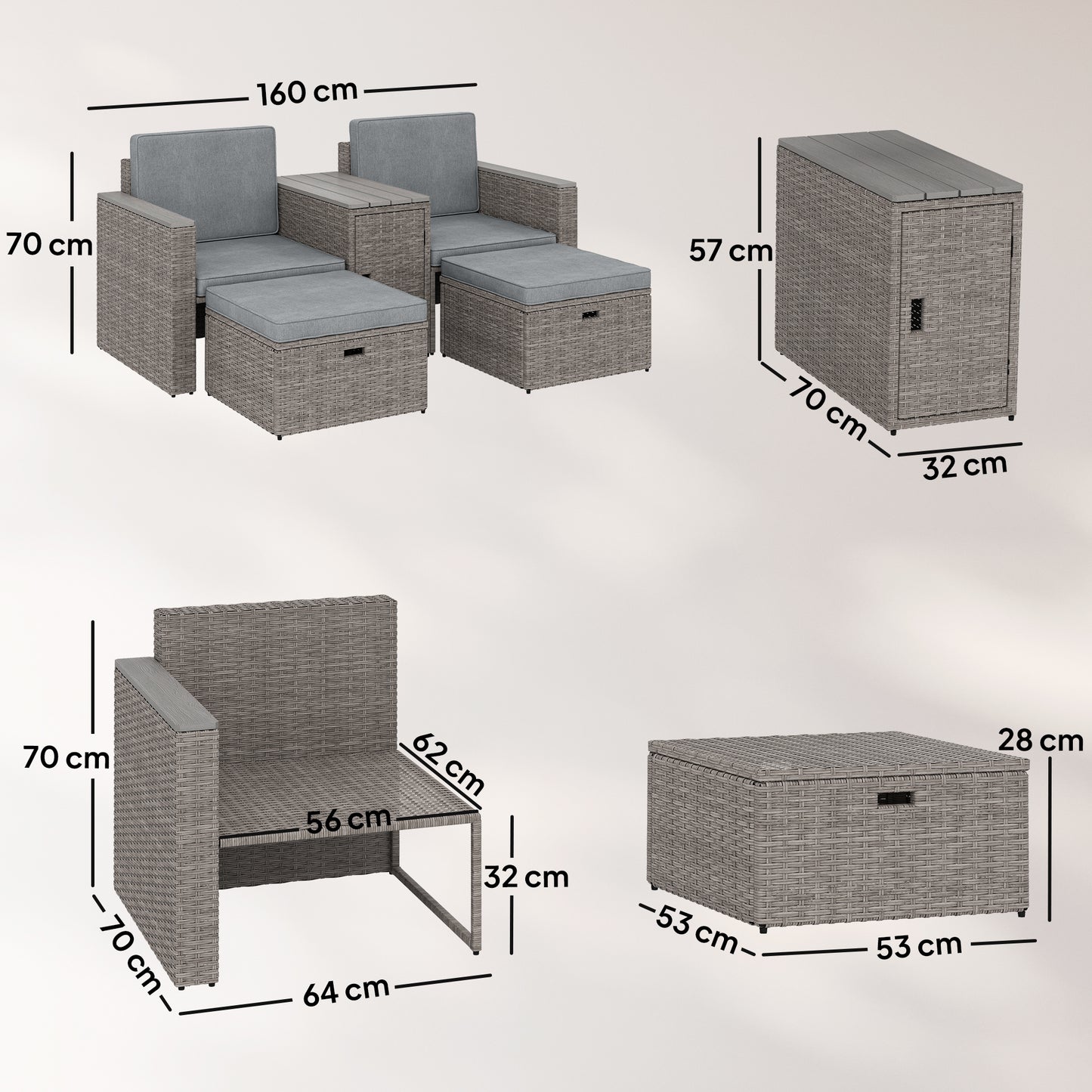 5 Piece Rattan Garden Furniture Set with Storage Table, Footstools