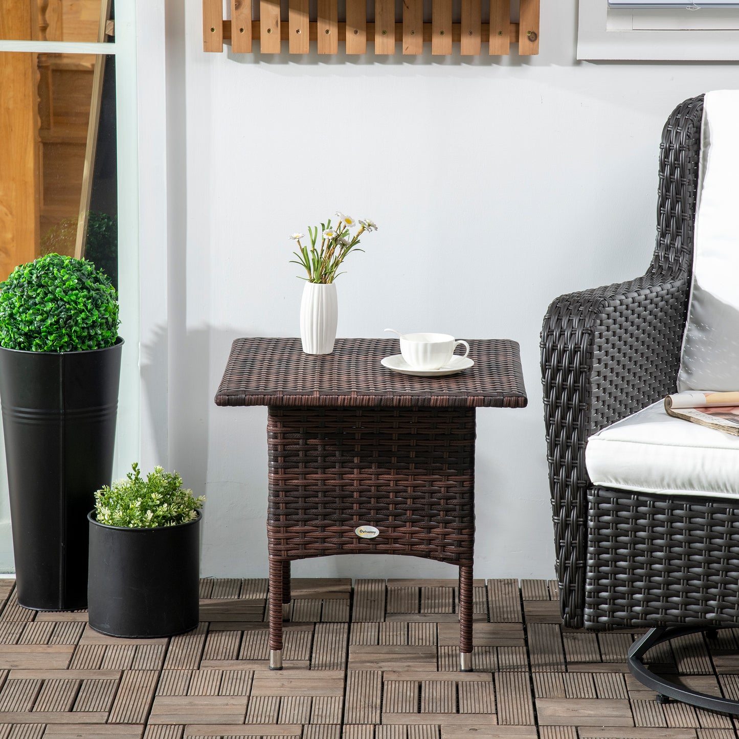 Outdoor Rattan Side Table Coffee Table with Plastic Board