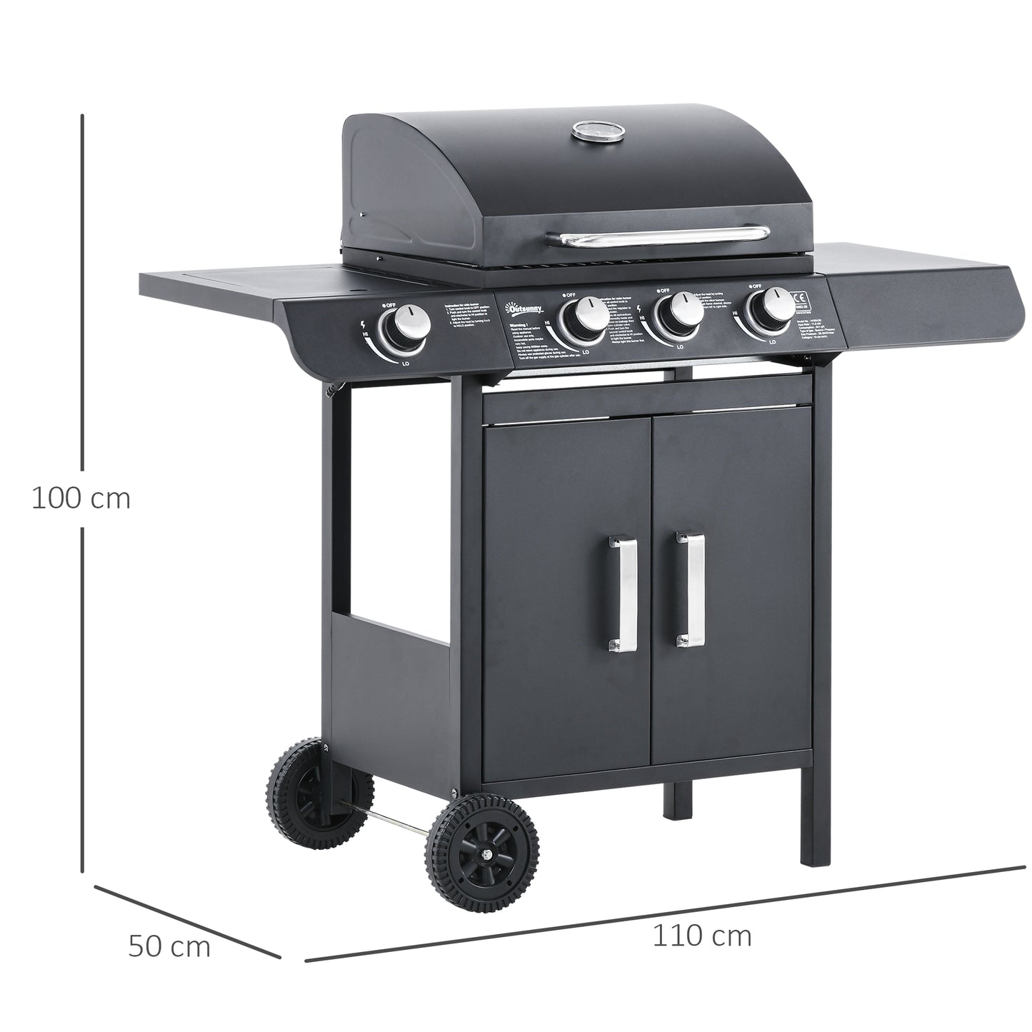 3+1 Burner Gas BBQ Grill, Outdoor Barbecue Trolley with Wheels