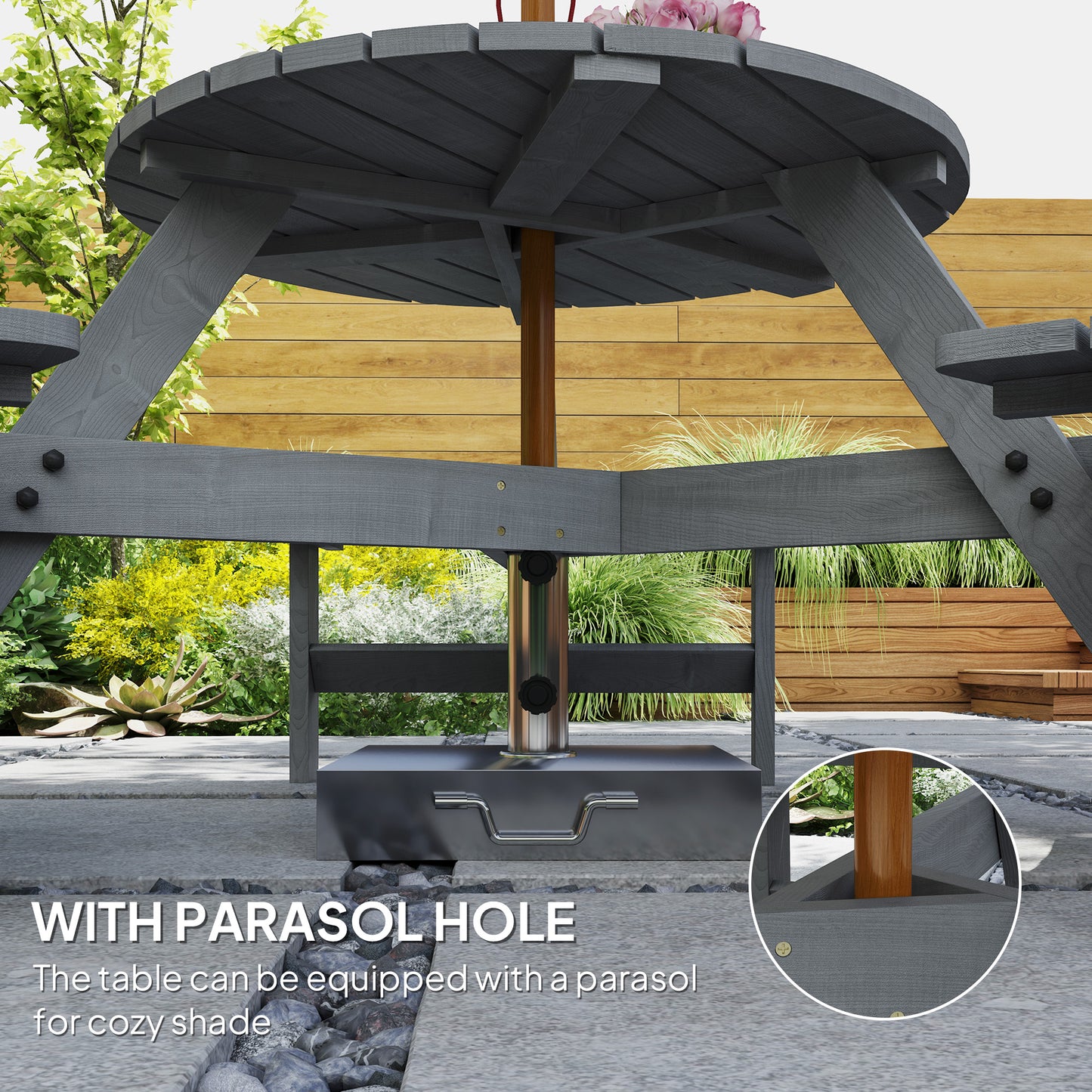 Wooden Garden Dining Set, 6 Seater Round Dining Picnic Table (1)