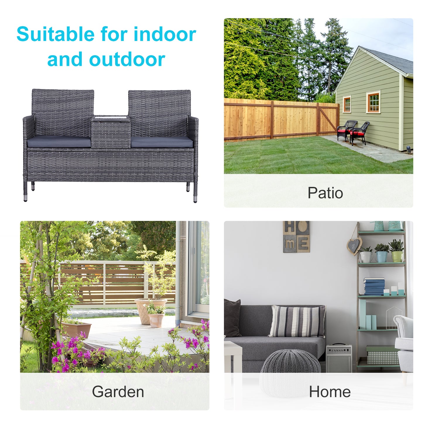 2-Seater PE Rattan Outdoor Garden Bench w/ Centre Table
