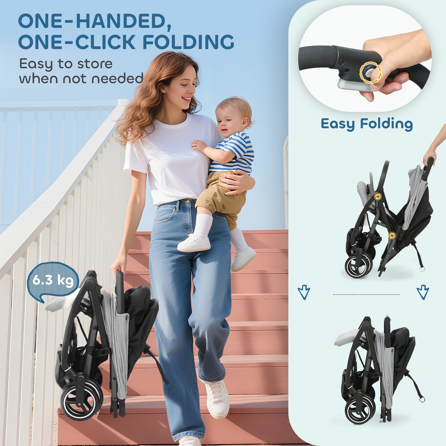 Travel Stroller, Lightweight Pushchair, Compact Buggy with Canopy