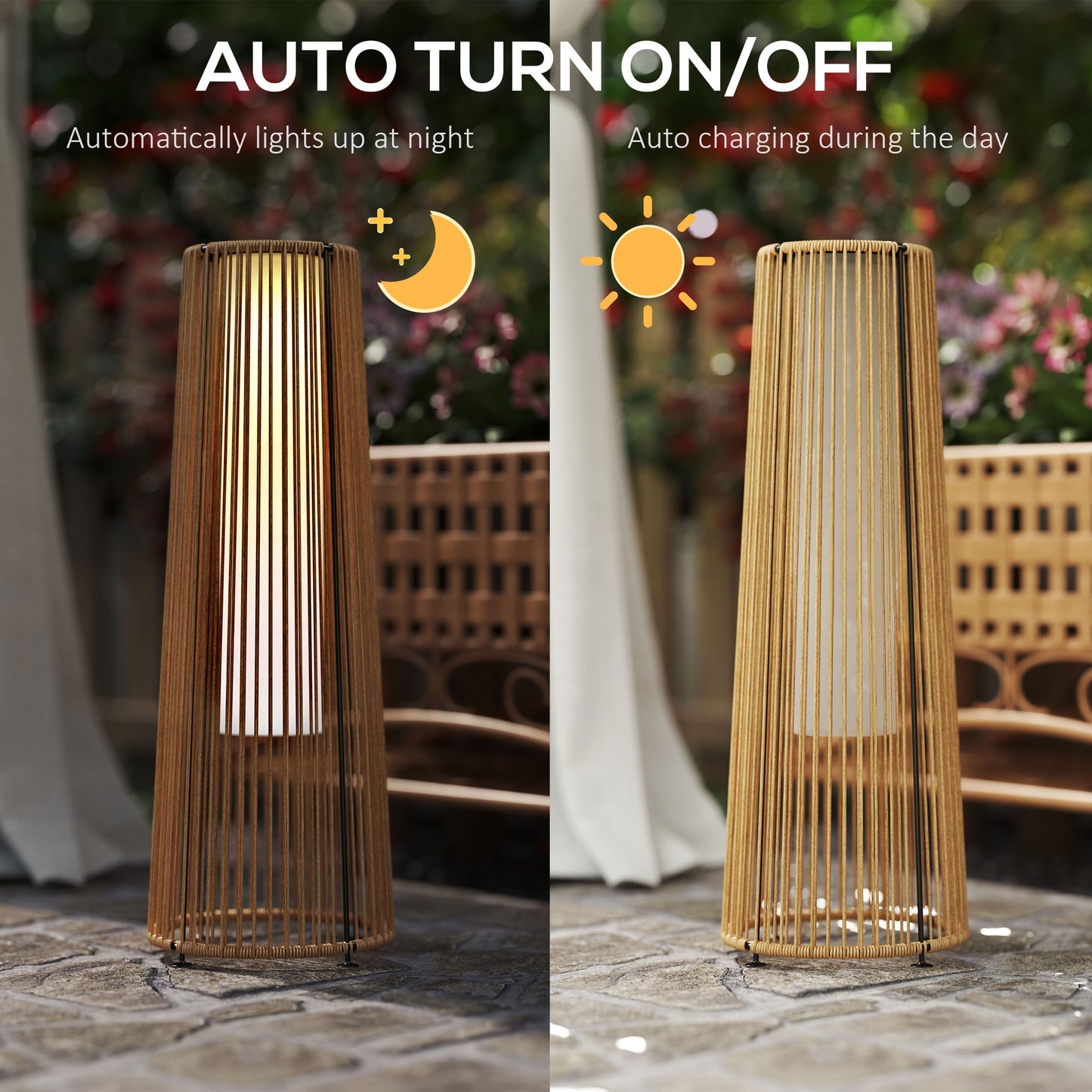 Patio Garden Solar Powered Lights Woven Resin Wicker Lantern Auto