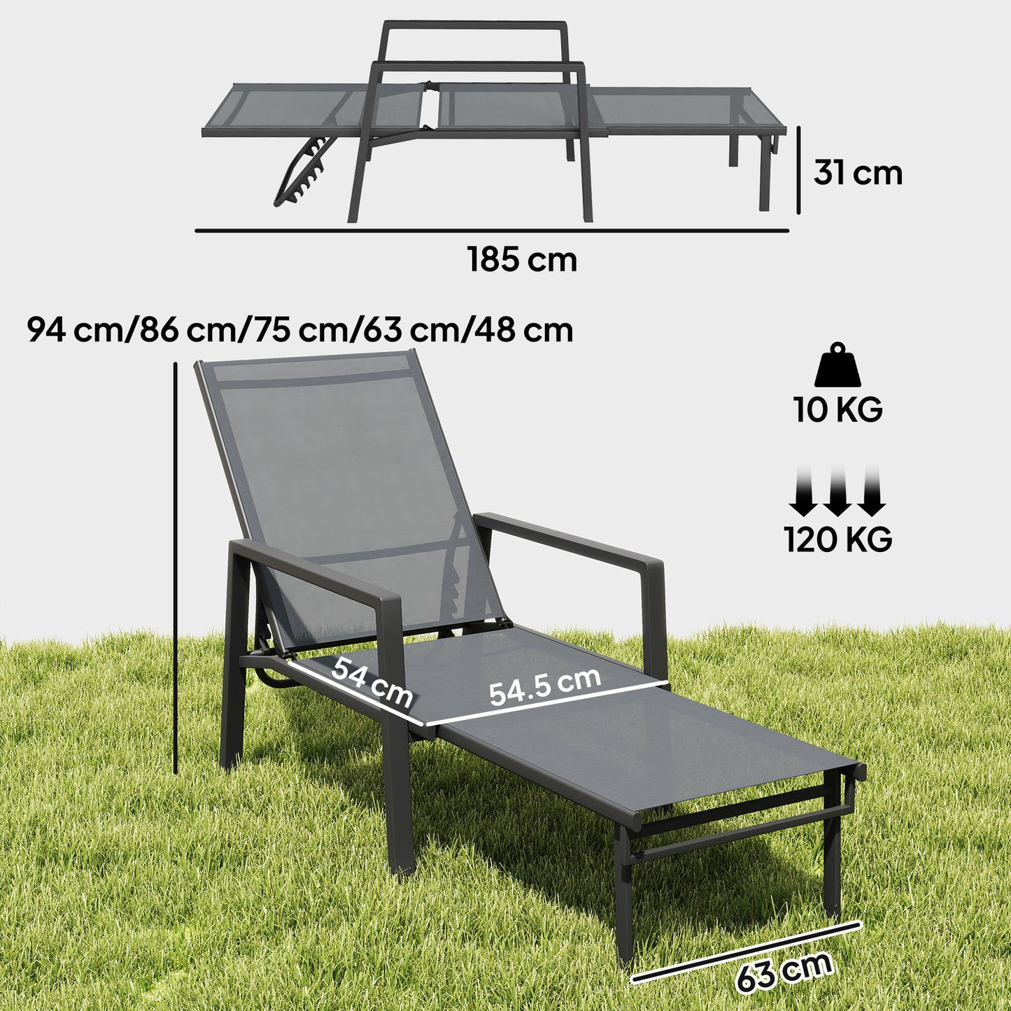 Sun Loungers Set of 2 Retractable Footrest 5-Position Adjustable