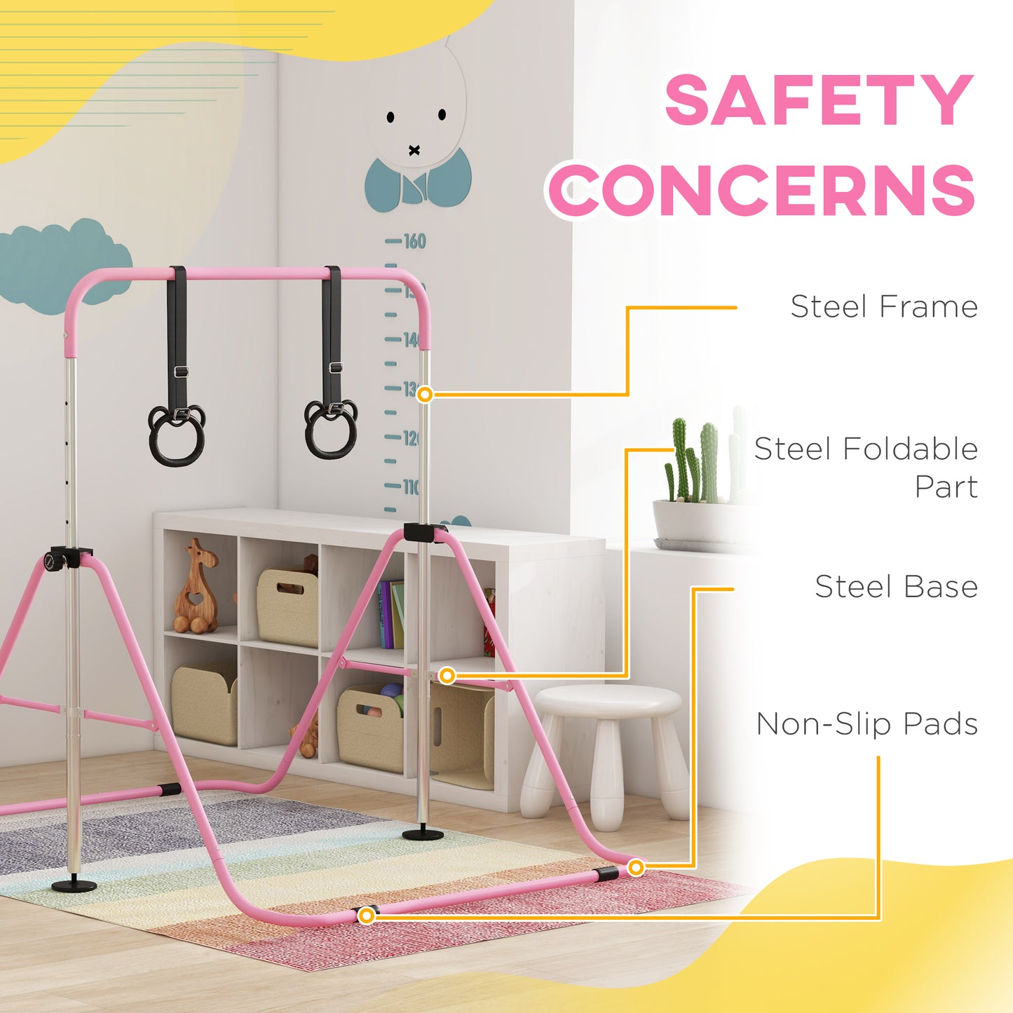 Adjustable Height, Foldable Kids Gymnastics Bar w/ Non-slip Rubber
