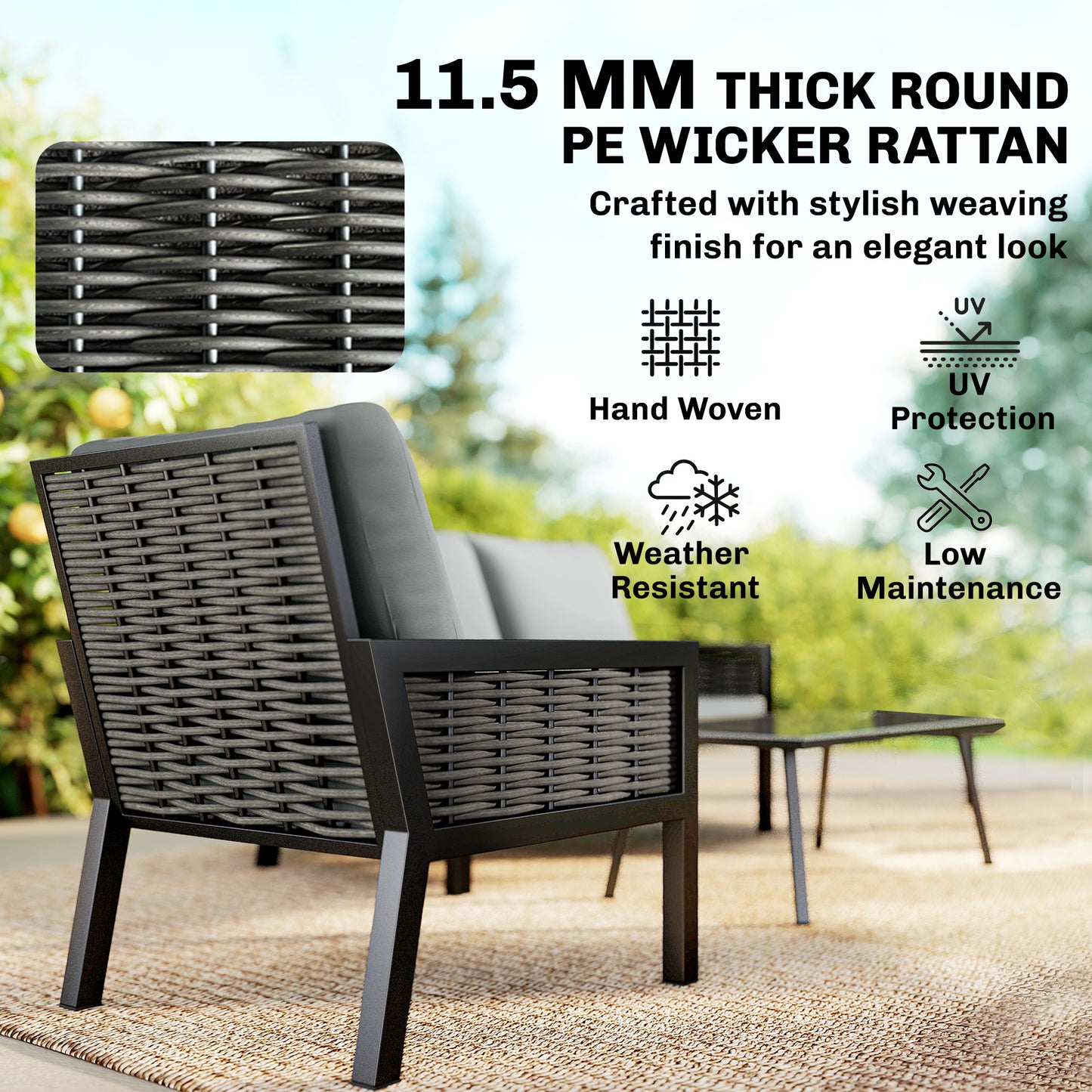4 Seater Rattan Garden Furniture Set with 2 Armchairs, Loveseat
