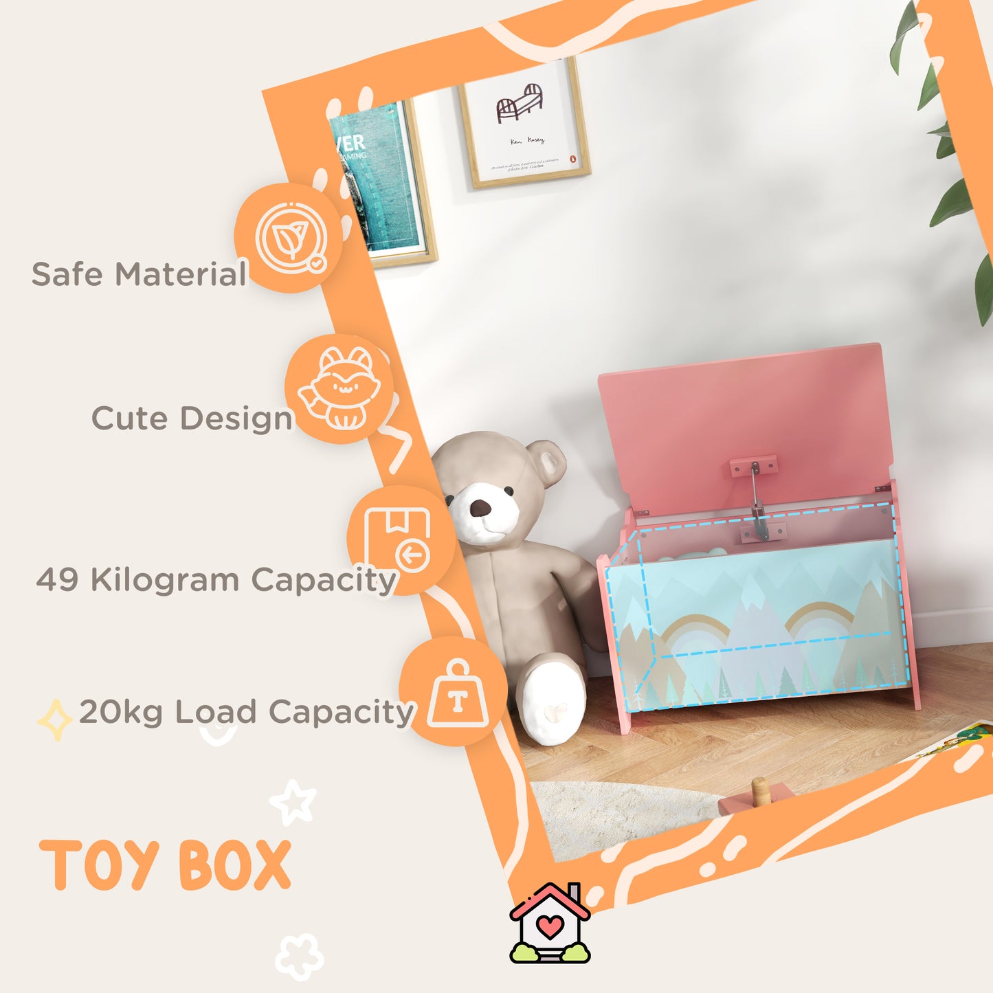 Toy Box, Kids Storage Chest, with Lid, Safety Hinge