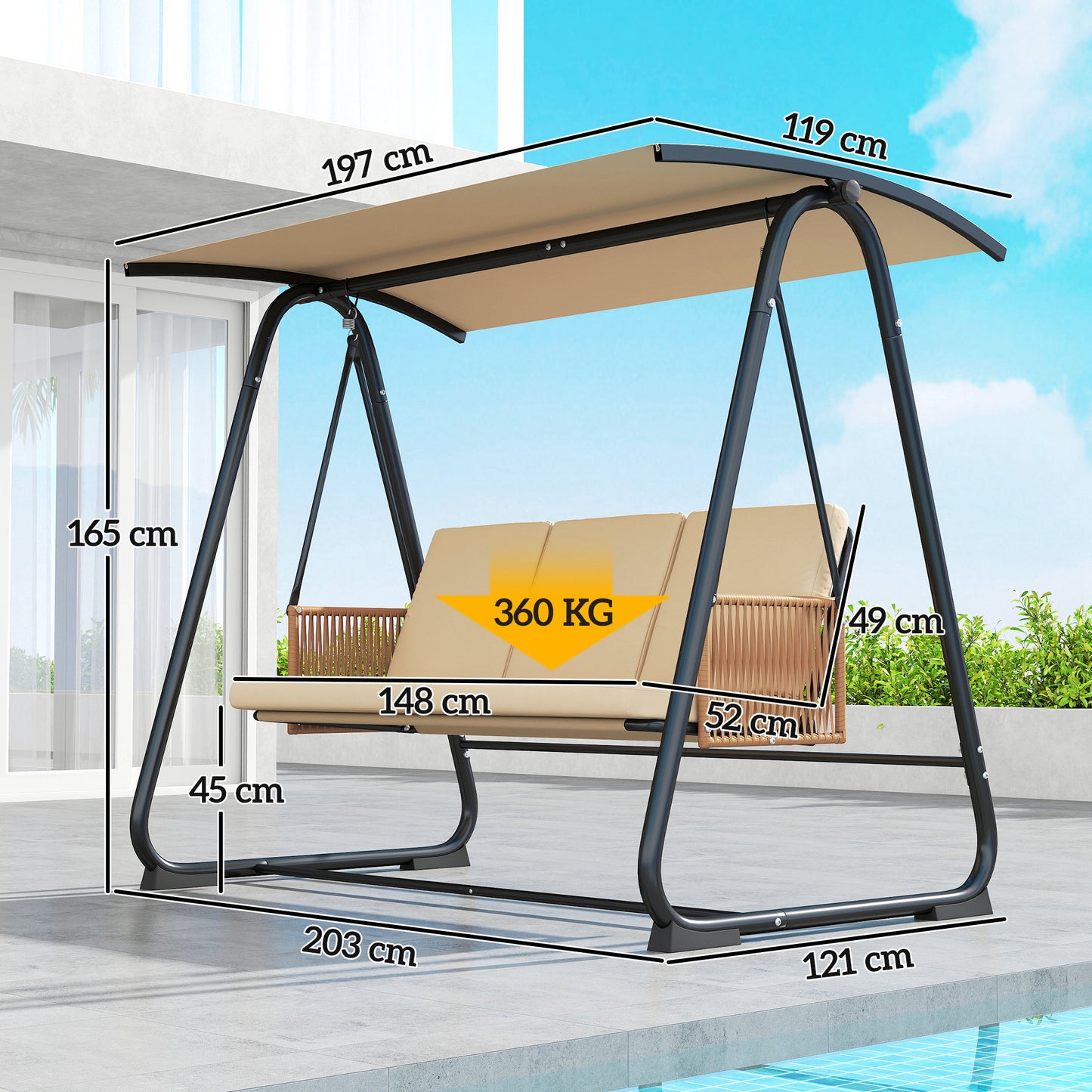 3 Seater Swing Chair with Adjustable Canopy
