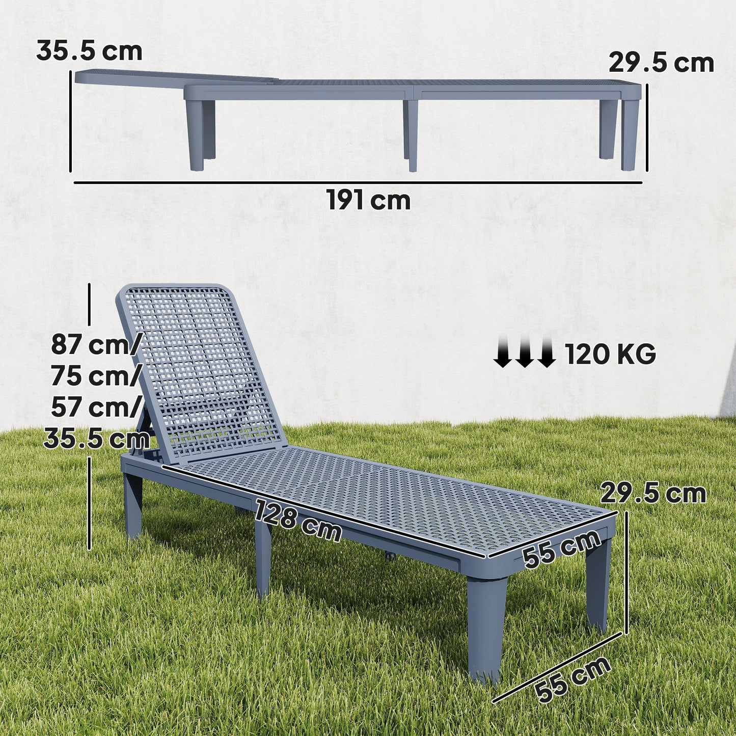 Plastic Sun Lounger, 4-Position Adjustable Reclining Garden Lounger