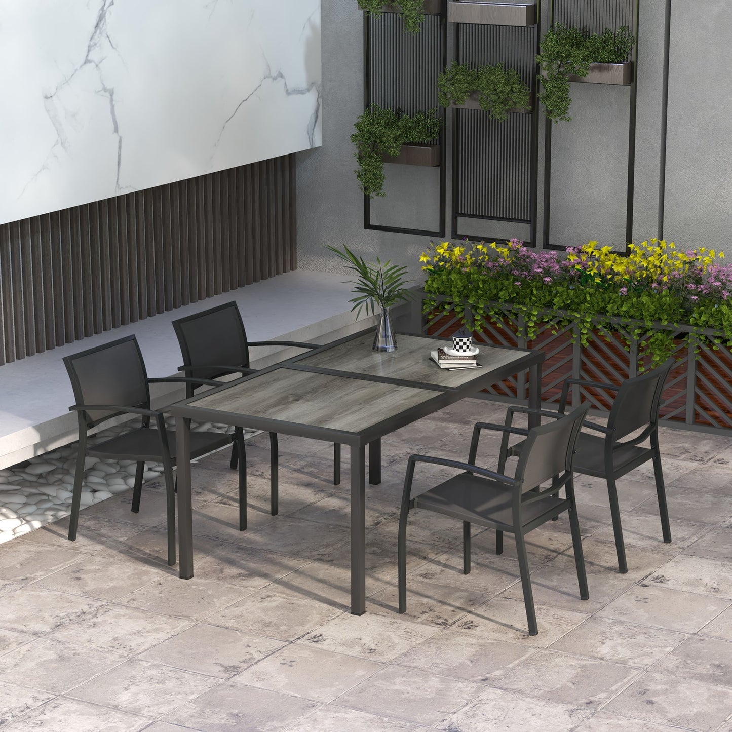 Five-Piece Casual Outdoor Dining Set, with Wood-Effect Table