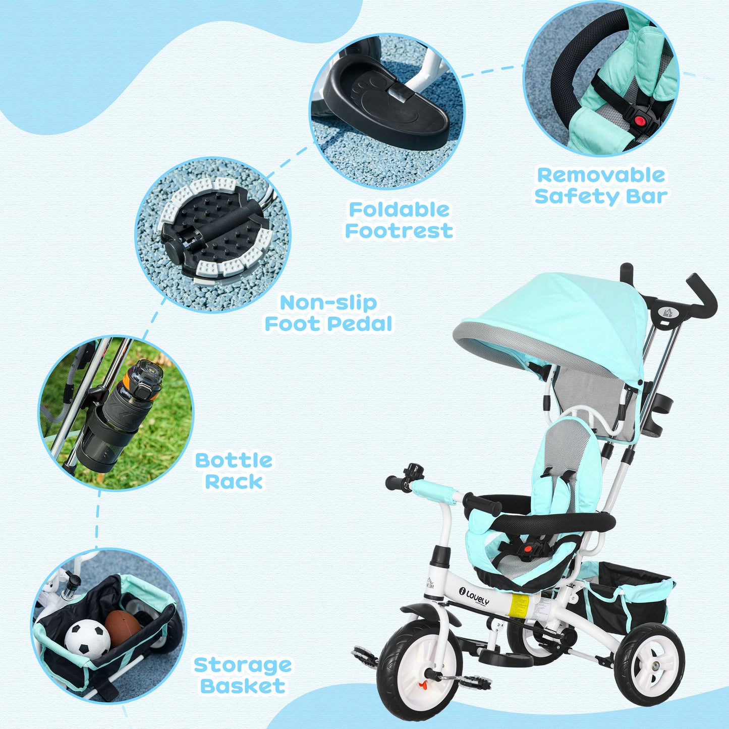 6 in 1 Kids Trike Push Bike w/ Push Handle, Canopy