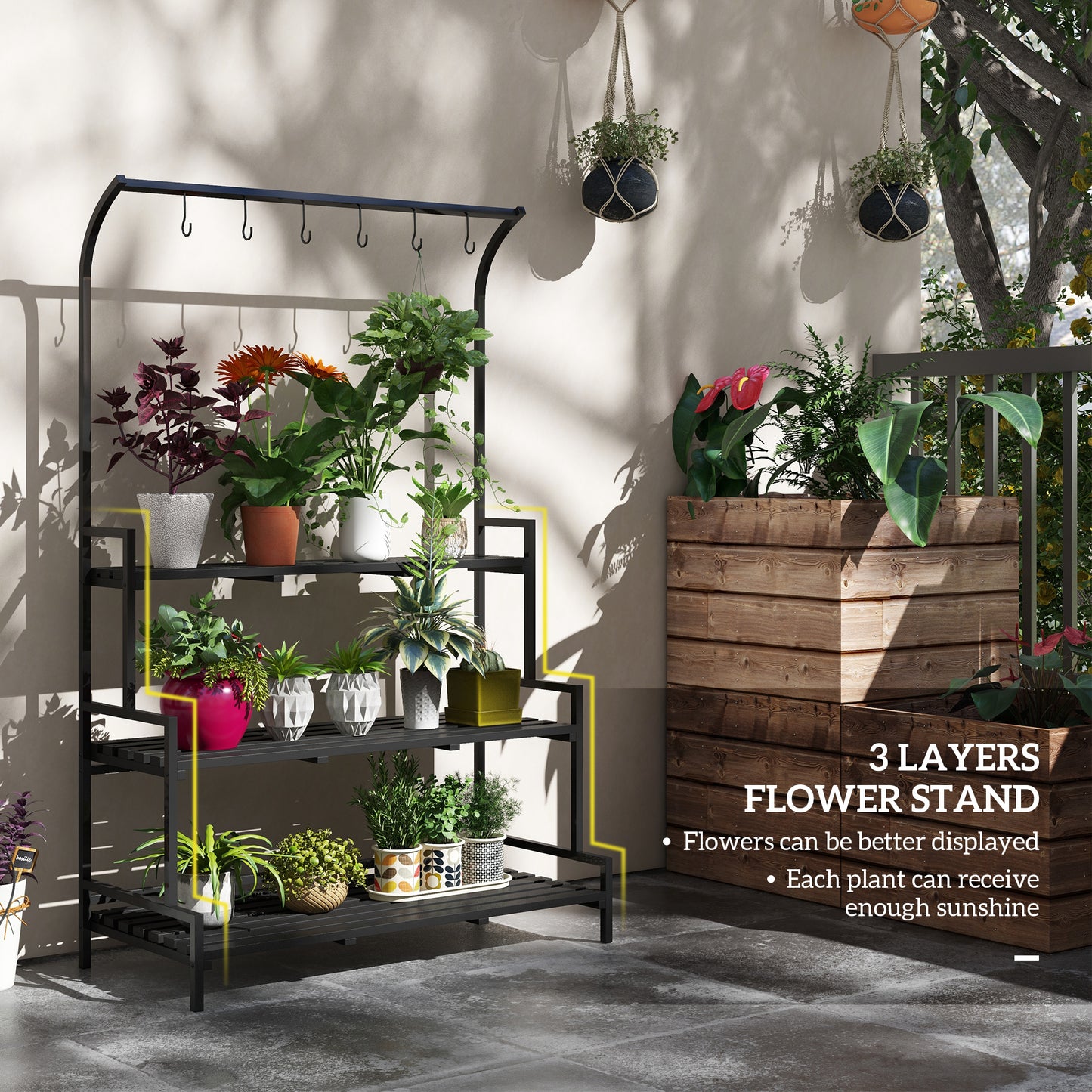 3 Tiered Plant Rack with Hanging Hooks