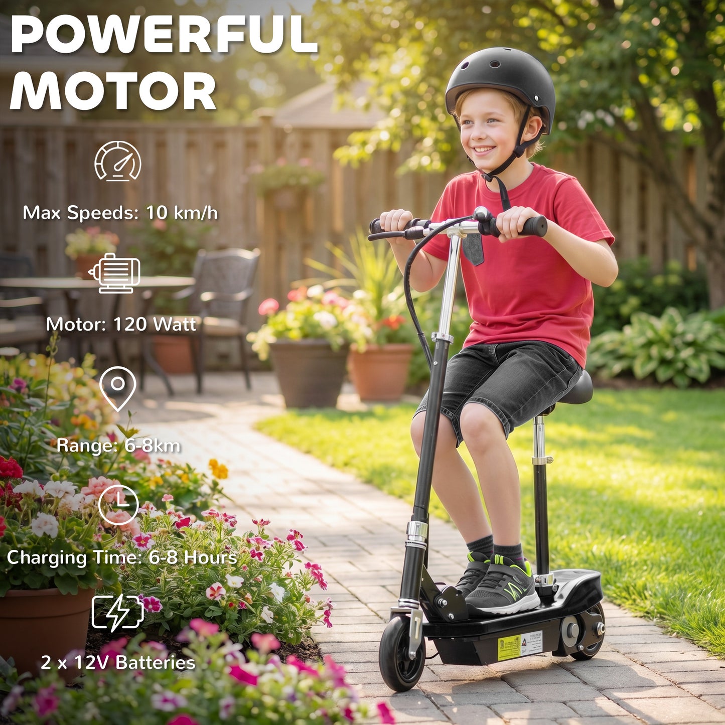 Powered Electric Scooter Ride-On, with Brakes, Adjustable Seat