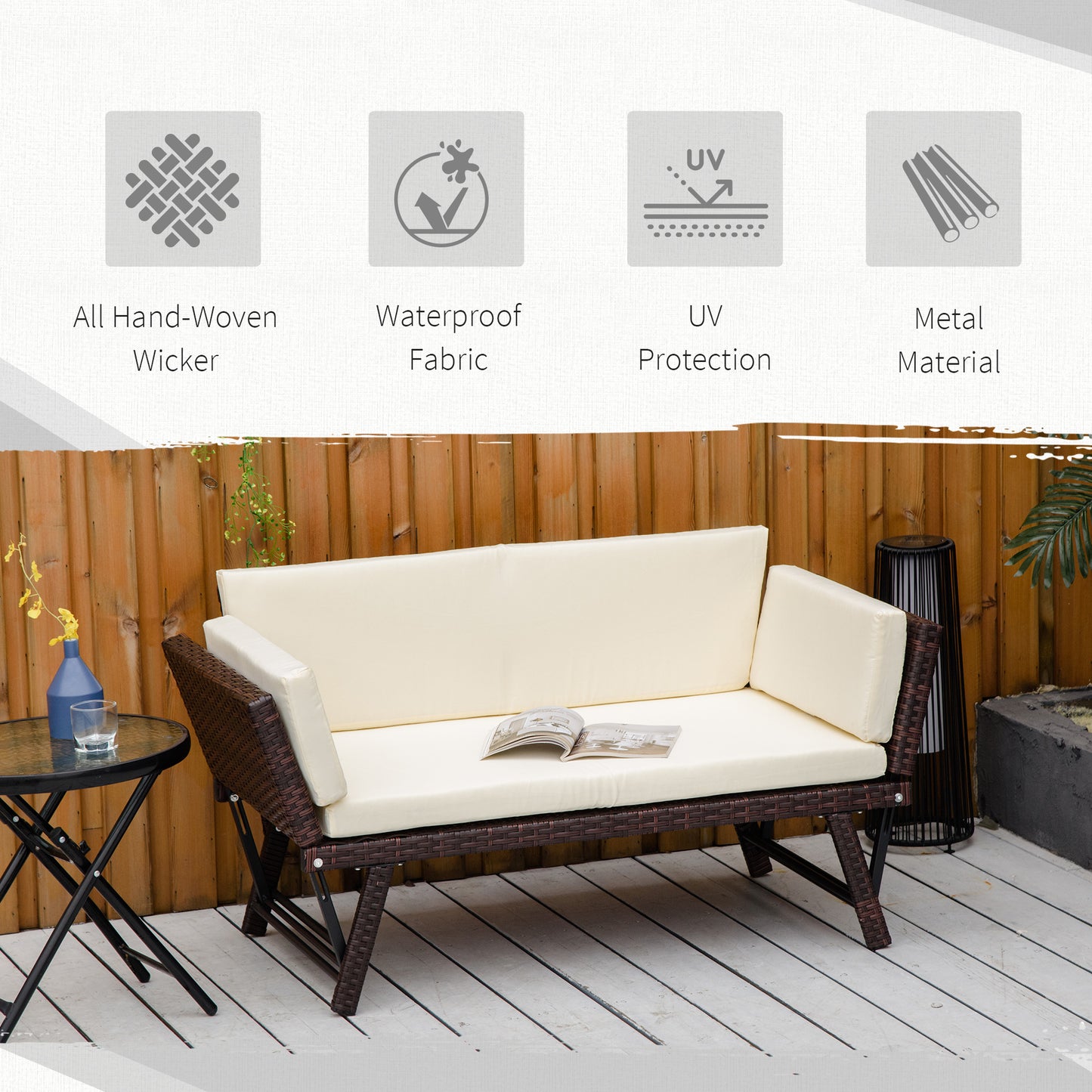 2-Seater 2-in-1 Rattan Convertible Sofa Daybed