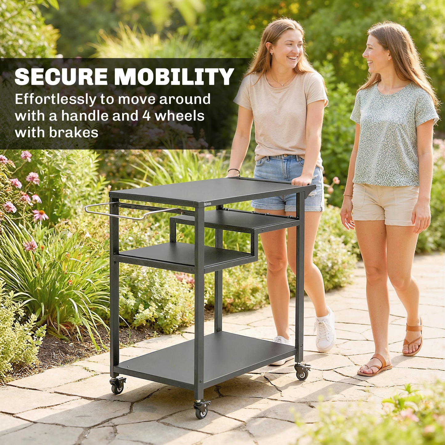 Outdoor Grill Cart, Three-Tier Pizza Oven Stand  with Steel Tabletop
